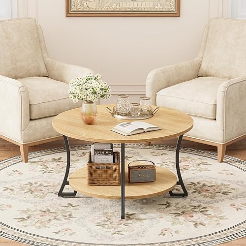 Miniatura 3 de POZILAN Mesa auxiliar redonda con almacenamiento, mesa auxiliar circular de 31.5 pulgadas para sala de estar, mesas de centro redondas de madera,