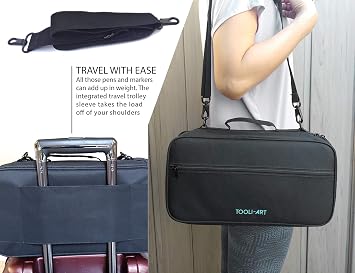 TOOLI-ART Marker & Pen Carrying Case -120 Slots, Canvas, Extra Pockets, Trolley Sleeve, Removable Shoulder Strap, For Most Markers (up to 15mm Diameter), Lipstick, Etc. Black
