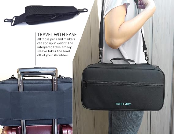 TOOLI-ART Marker & Pen Carrying Case -120 Slots, Canvas, Extra Pockets, Trolley Sleeve, Removable Shoulder Strap, For Most Markers (up to 15mm Diameter), Lipstick, Etc. Black