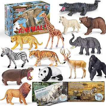 13 Pack Wild Animal Toys with Educational Booklet and Gift Box, Realistic Safari Animals Figures for Kids, Plastic Zoo Animals Figurines for Toddle, Jungle Birthday Party Favor for Boy Girl