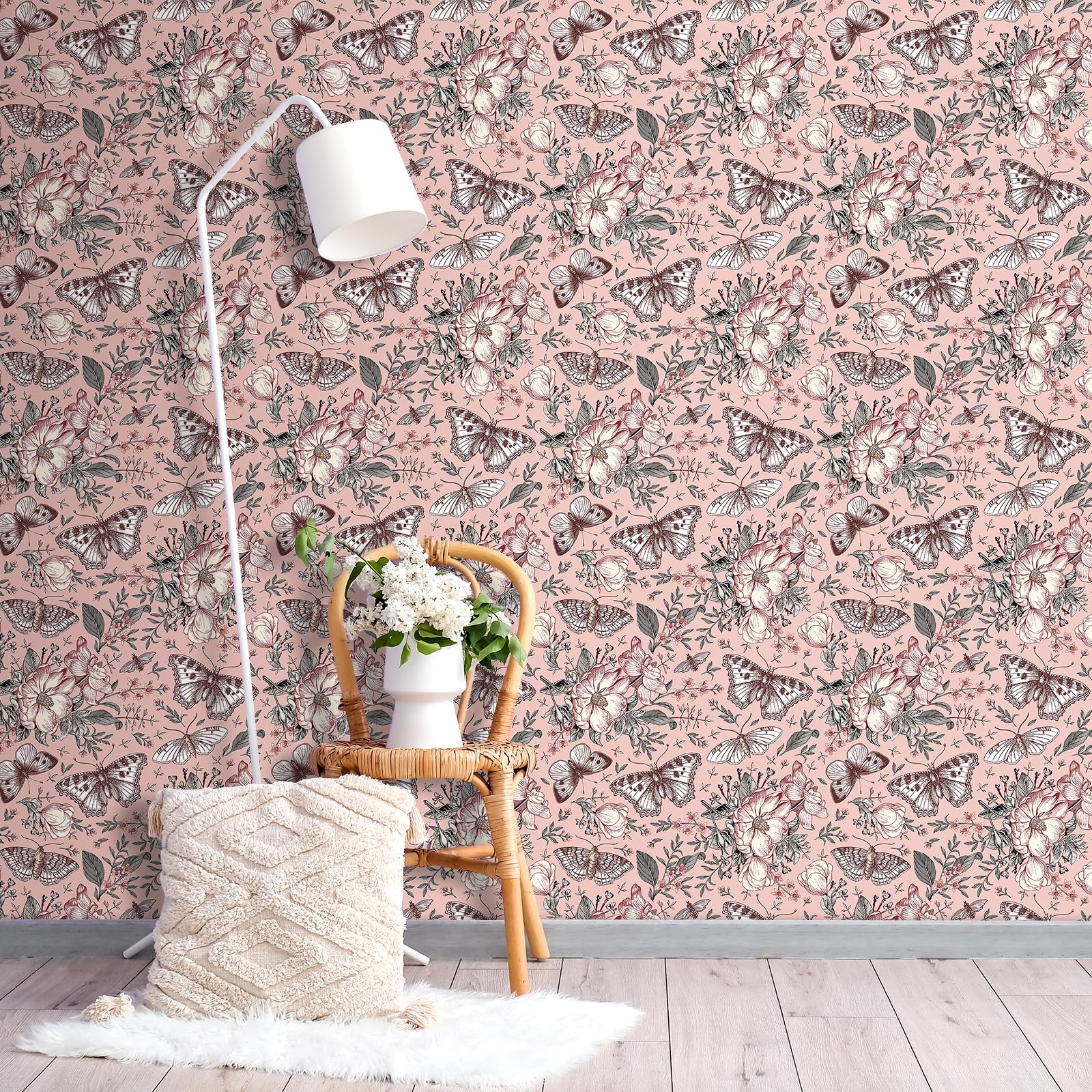 FunStick 44.5CMx9M Papel Pintado Autoadhesivo Flores Rosa Mariposas Revestimiento Armarios Cocina Niñas Impermeable Papel Tapiz Floral Mariposa Botánica Estantes Comedor Vinilo Adhesivo Muebles Rosa