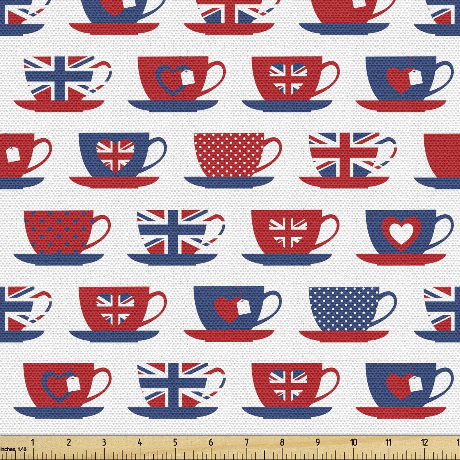 AmbesonneTea Party Fabric by The Yard, Britain Themed Teacup Forms Patterned Union Jack Hearts Flags, Decorative Fabric for Upholstery and Home Accents, 1 Yard, Dark Night Blue