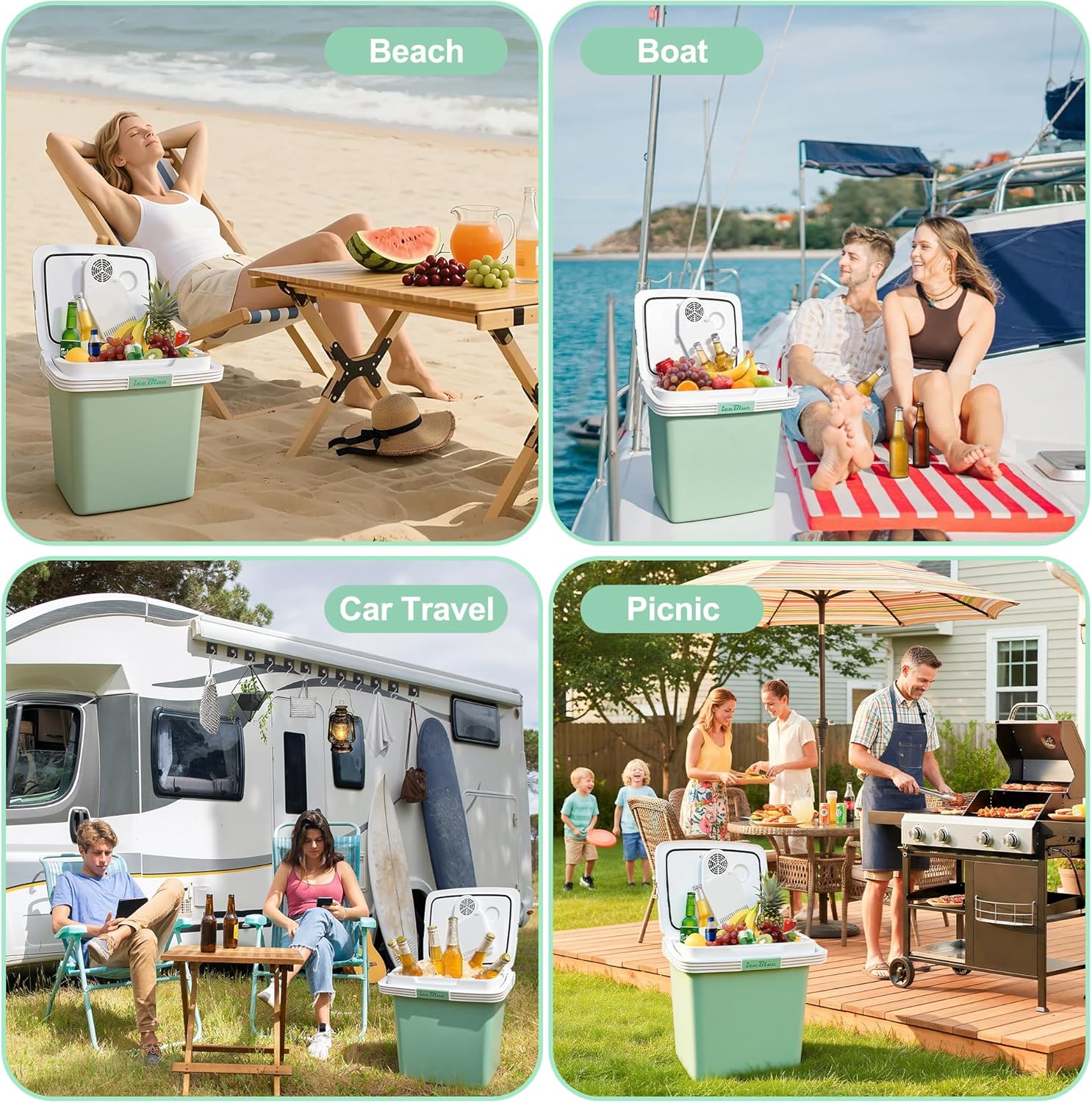 Iceblue Electric Cooler, 26 Liters/28 Cans Mini Fridge with Automatic Locking Handle, 120V AC Home Power Cord & 12V Car Adapter Car Refrigerator, Car Fridge for Home, Car, Gift (Green)