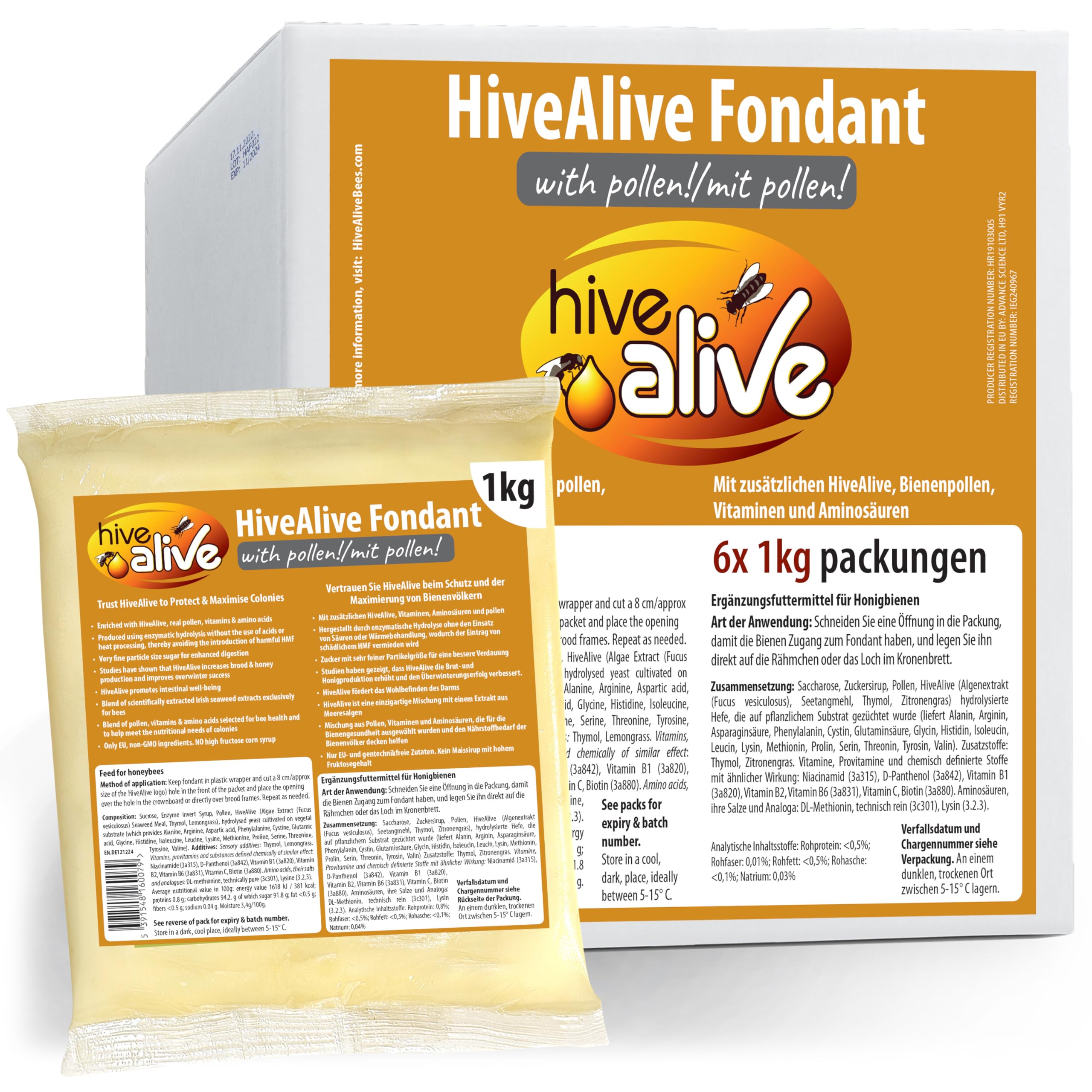 HIVE ALIVE Bienenfutterteig mit Pollen, 6 x 1 kg, Winterfutter für Bienen | Bienenfutter: Futterteig für Bienen mit Pollen und Vitaminen, 6 x 1 kg für den Winter, zur Notfütterung und Brutunterstützung