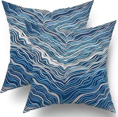 Miniatura 1 de Kawani Juego de 2 fundas de almohada de color azul marino de 18 x 18 pulgadas, diseño de mármol plateado abstracto a rayas, elegante, cómoda,