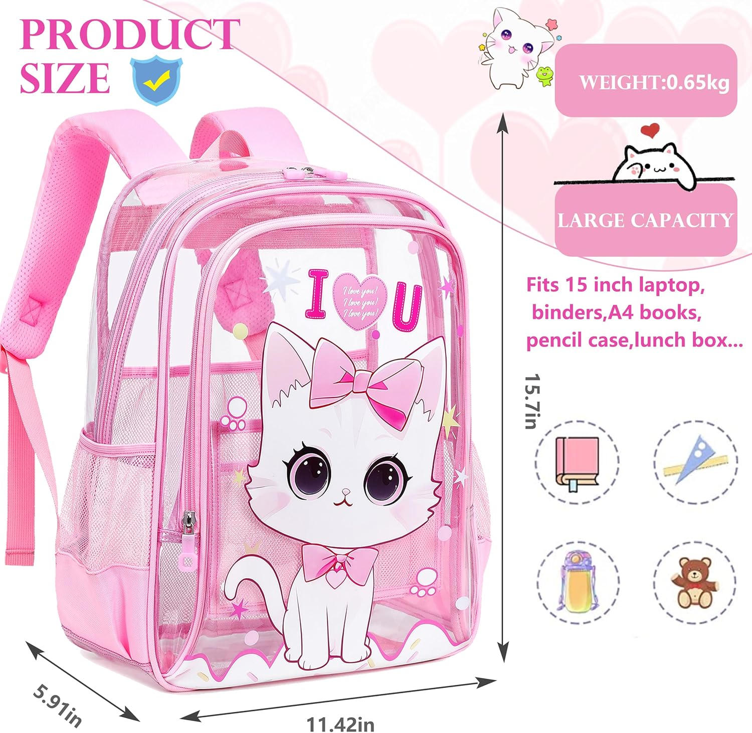 AO ALI VICTORY Clear Backpack for School,PVC Transparent Kids Bookbag for Girls Boys Cute Toddler Back Pack Kindergarten Elementary Schoolbag Stadium Approved See Through Backpacks,Pink Cat - Image 6