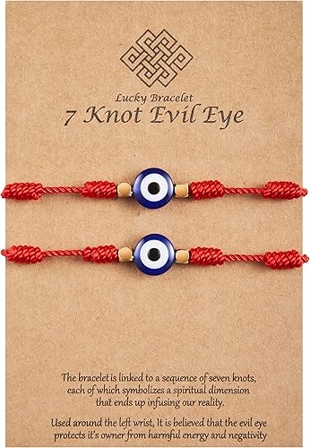 Fesciory Pulseras contra el mal de ojo para mujer, 2 piezas de cuerda roja ajustable, 7 nudos trenzados de hilo de la suerte, pulseras de amuleto de