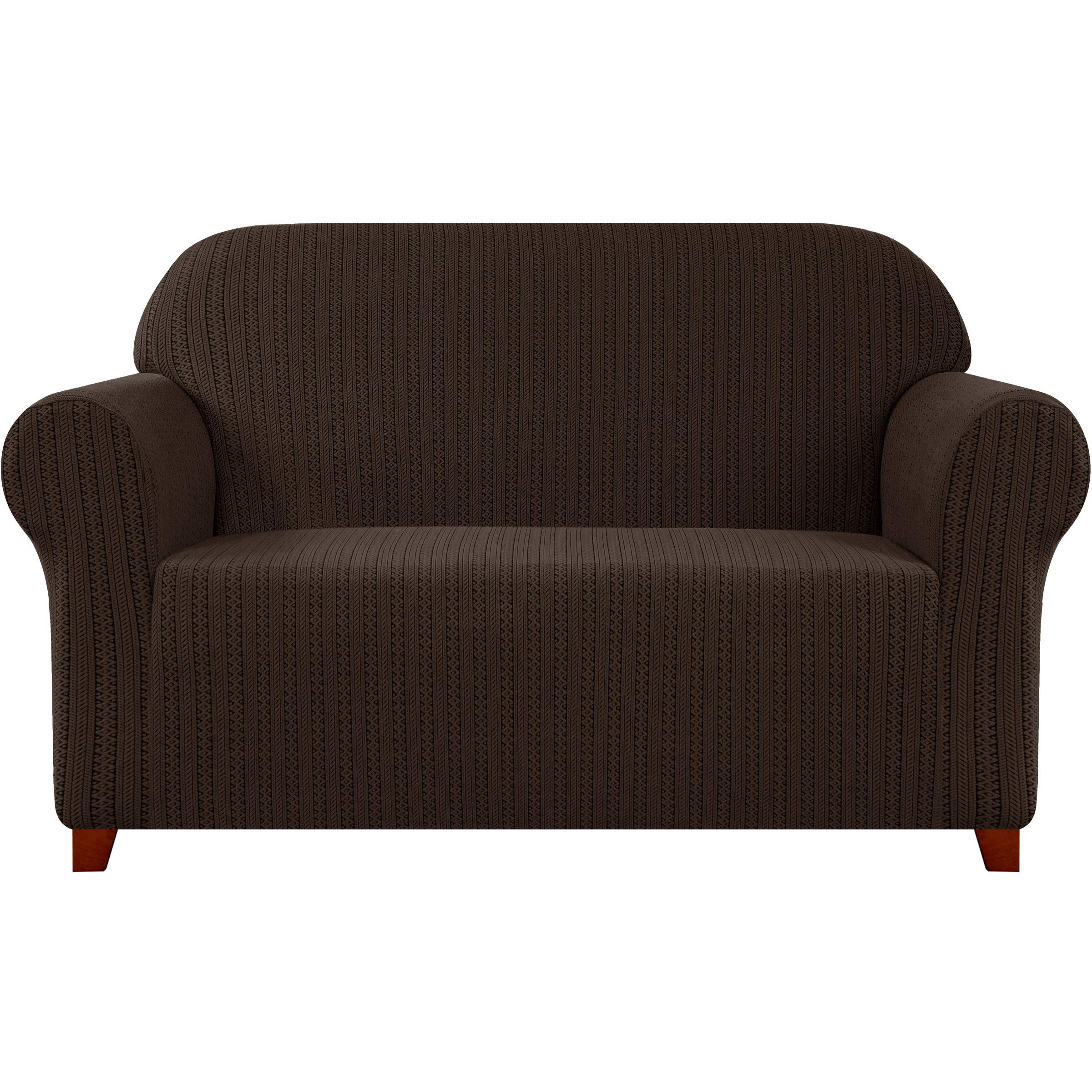 subrtex 1-Piece Striped Jacquard Sofa Slipcover, Spandex Stretch Couch Sofa Cover, Washable Furniture Protector for Living Room (3 Seaters, Chocolate)