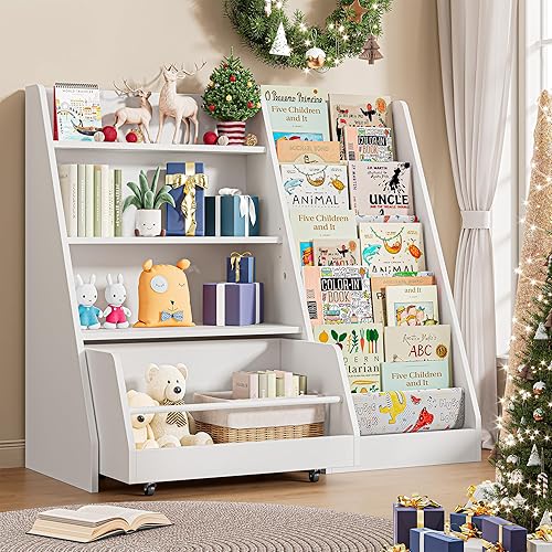 IRONCK Estantería infantil de 42 pulgadas de ancho y almacenamiento de juguetes, estantería de 4 niveles para niños pequeños con cajón móvil y 5