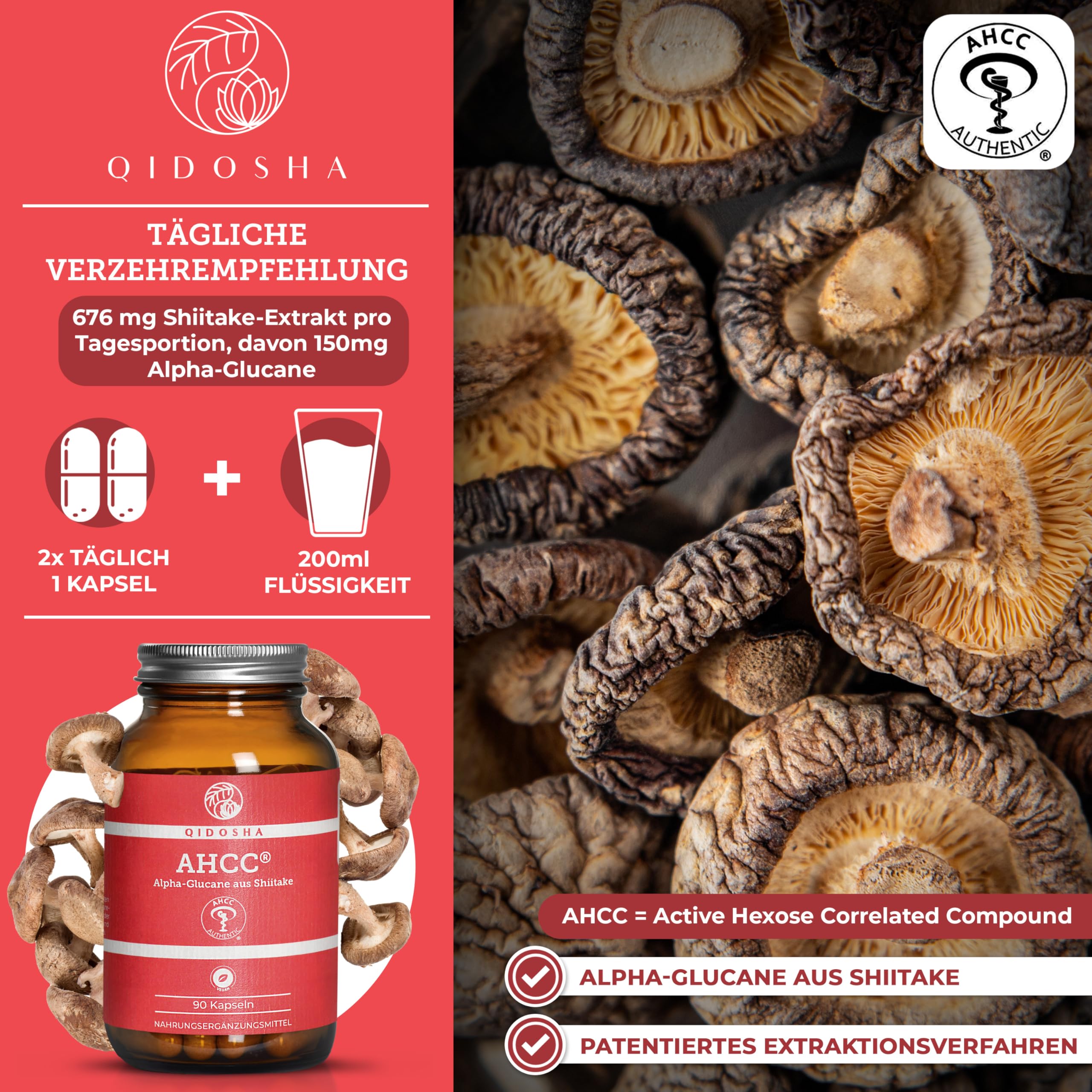 QIDOSHA® AHCC Kapseln, 90 Stk im Apothekerglas, 676 mg Shiitake-Extrakt je Tagesportion, davon 150mg Alpha-Glucane, deutsche Fertigung, jede Charge laborgeprüft