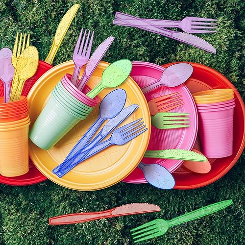 Miniatura 4 de Lasnten Juego de cubiertos de plástico con purpurina de 180 piezas desechables de plástico transparente para fiestas, 60 cuchillos, 60 cucharas, 60