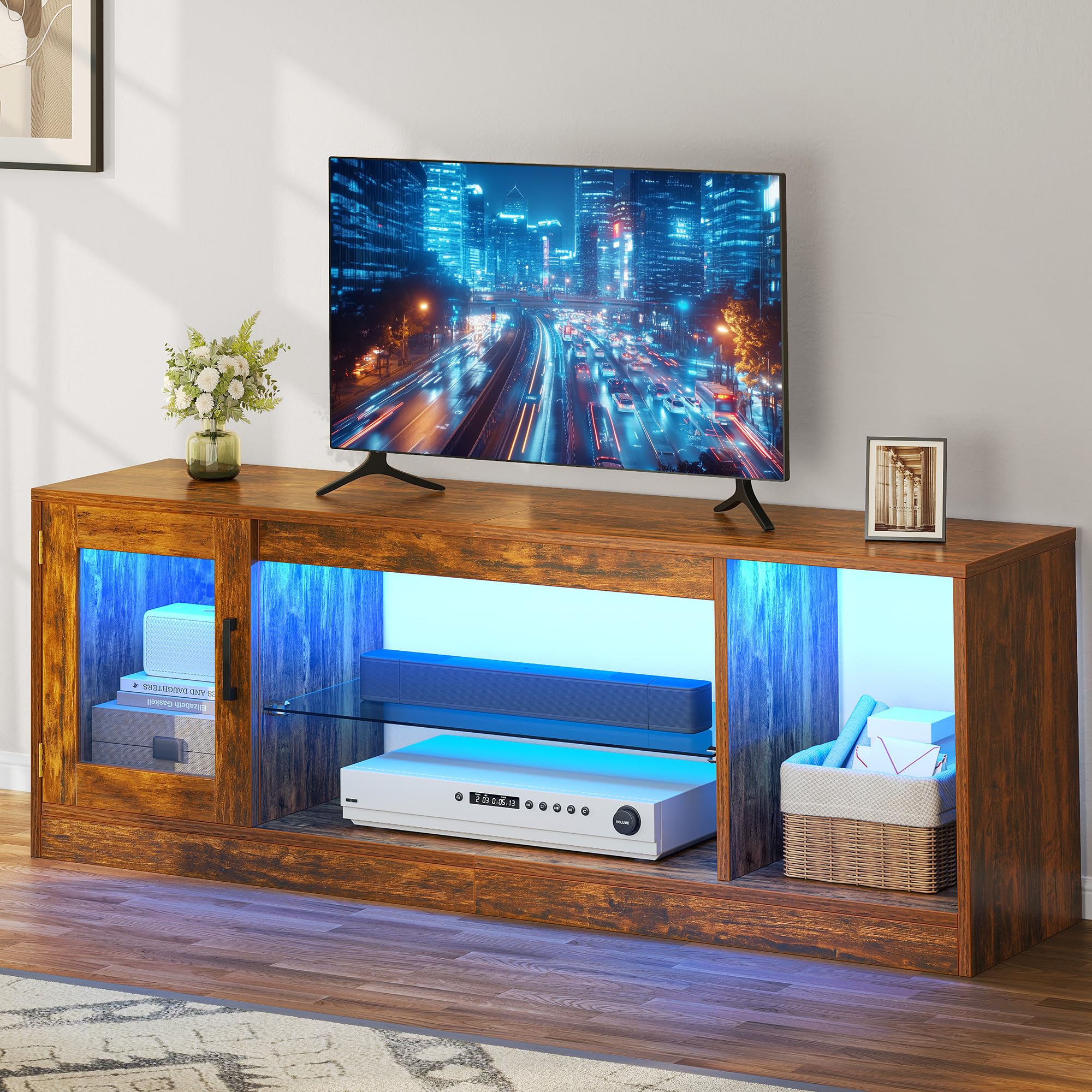 DWVO 148cm Mobile TV con Illuminazione LED RGB 22 Modalità Per TV fino a 65 Pollici Scaffale con Ripiani in Vetro Regolabili Ideale per Soggiorno e Camera da Letto