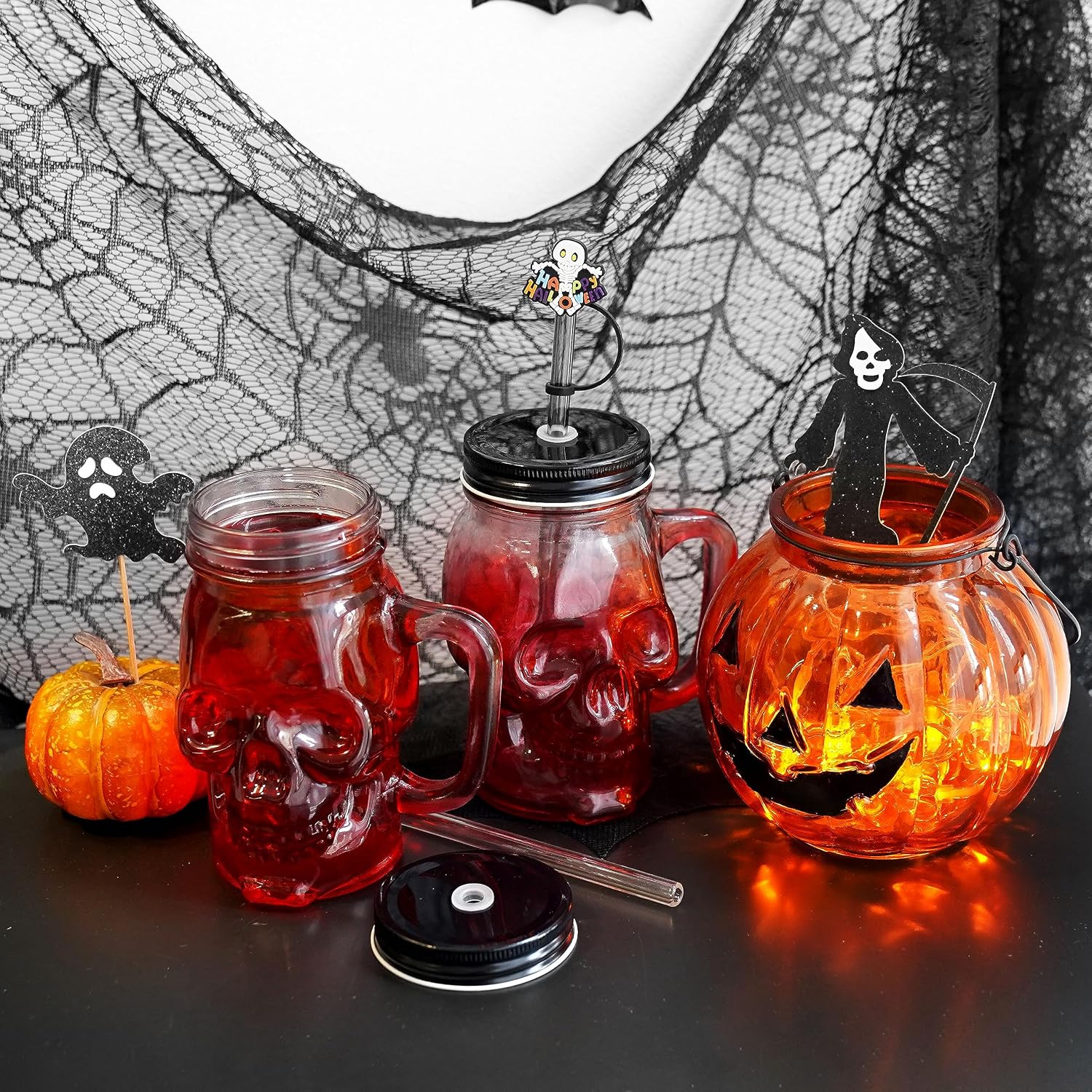 Halloween Cups- Skull Cups- Halloween Mug- 16OZ Halloween Party Cups- Halloween Tumbler with Lid and Straw- Halloween Decorations- Skull Mason Jar Cups- Mason Jar for Halloween- Set of 2