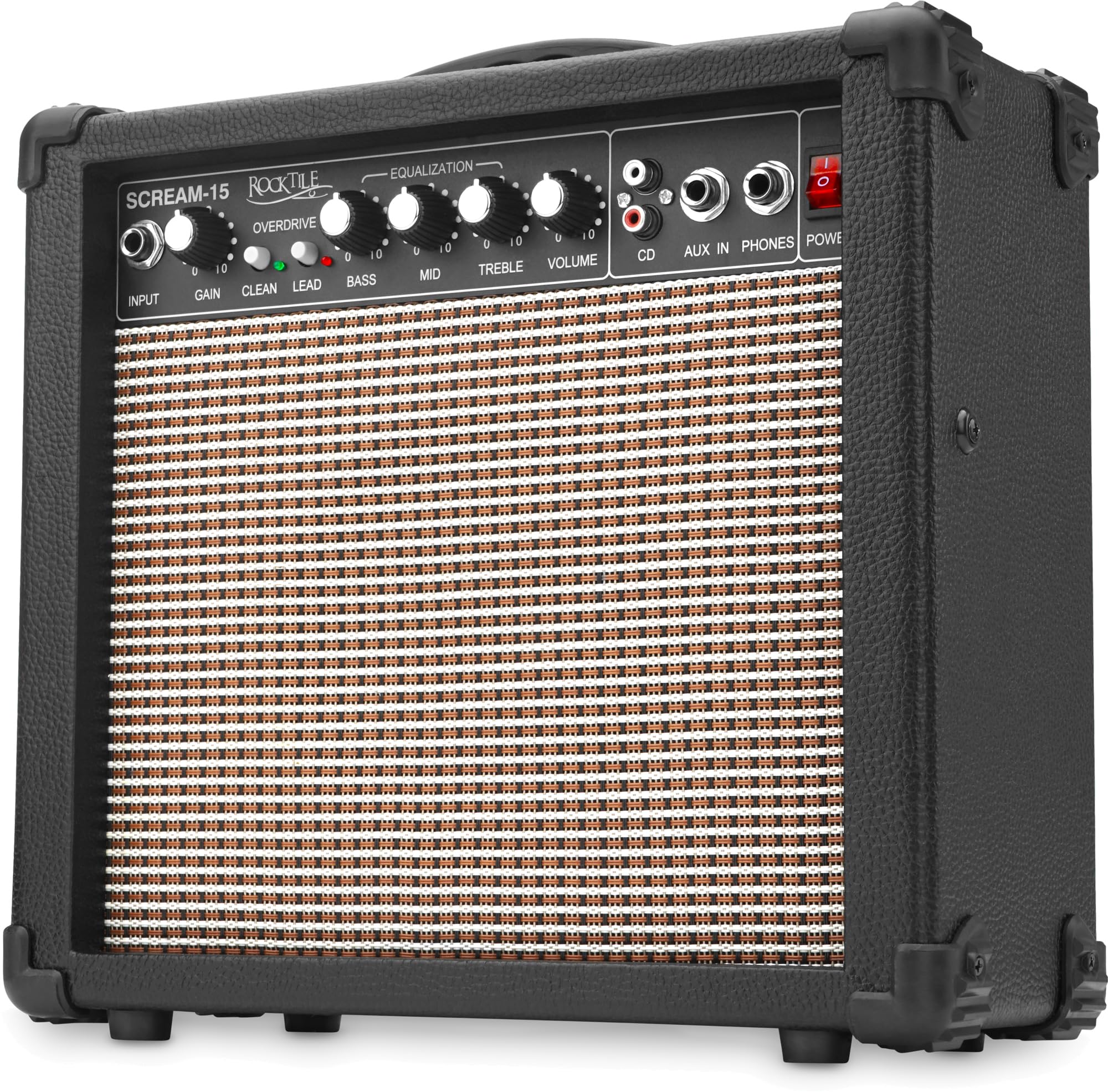 Amplificador Mini Combo Rocktile Scream 15 (15 Vatios, 2 Canales, Portátil, Entrada AUX para MP3/​CD, Ecualizador De 3 Bandas, Salida para Auriculares)