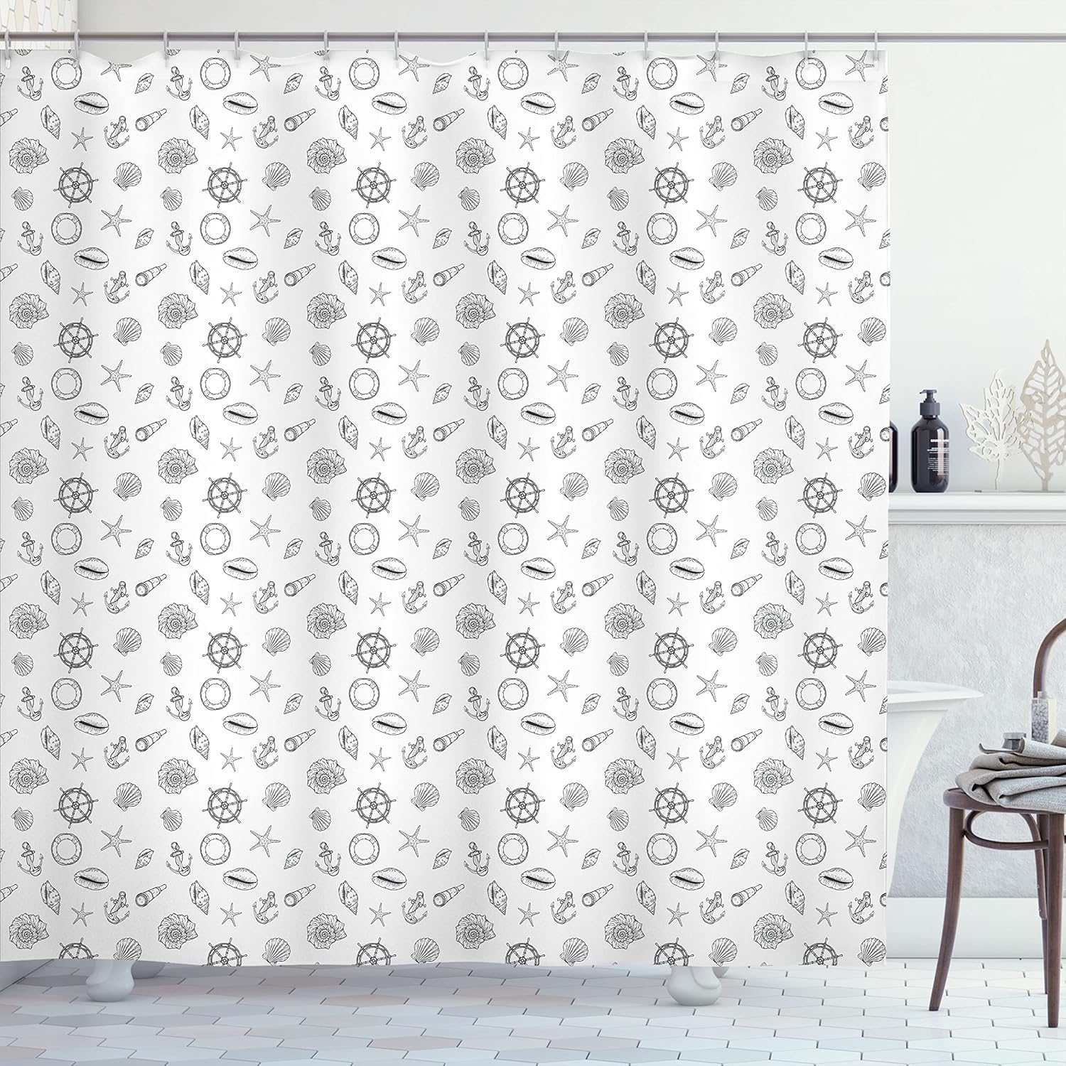 Ambesonne Sea Shells Shower Curtain, Hand Drawn Monochrome Nautical Elements Helm Anchor Starfish Design, Cloth Fabric Bathroom Decor Set with Hooks, 69" W x 70" L, White and Charcoal Grey
