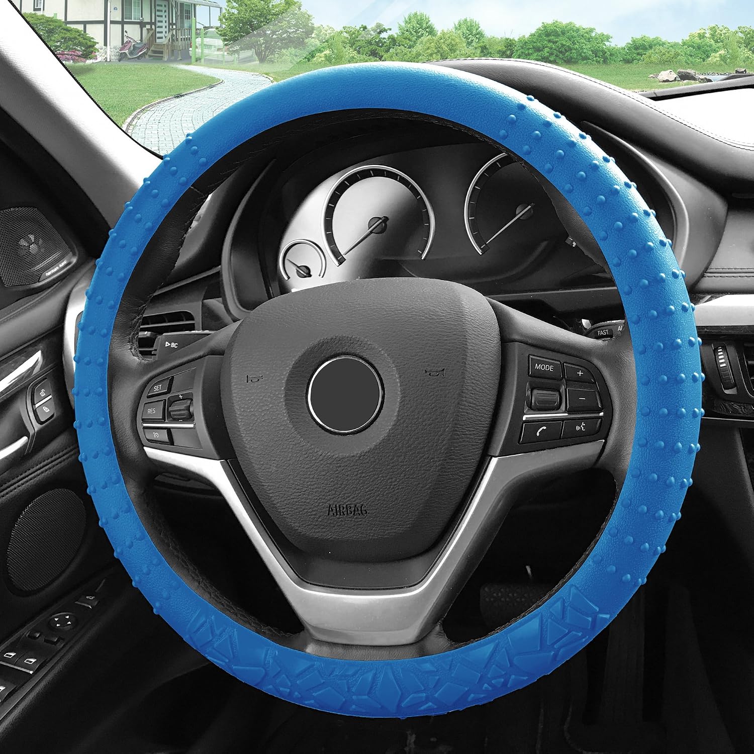 FH Group FH3002DARKBLUE Universal Fit Silicone with Nibs and Pattern Massaging Grip Dark Blue Steering Wheel Cover fits most Cars, SUVs, Trucks, and Vans