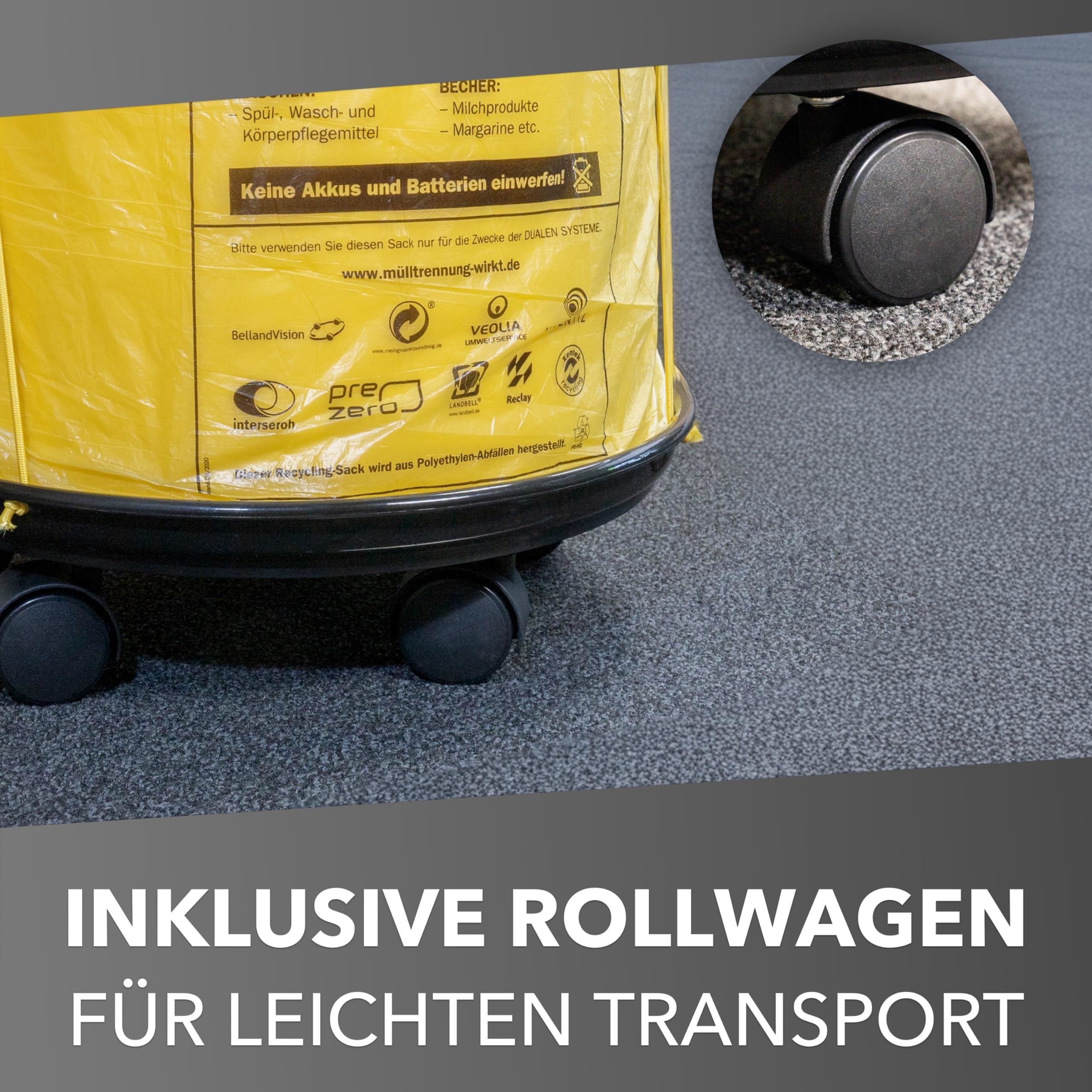 Sacktonne gelb mit Rollwagen und Deckel, Müllsackständer, Gelber Sack, Mülltonne, Wertstoffbehälter