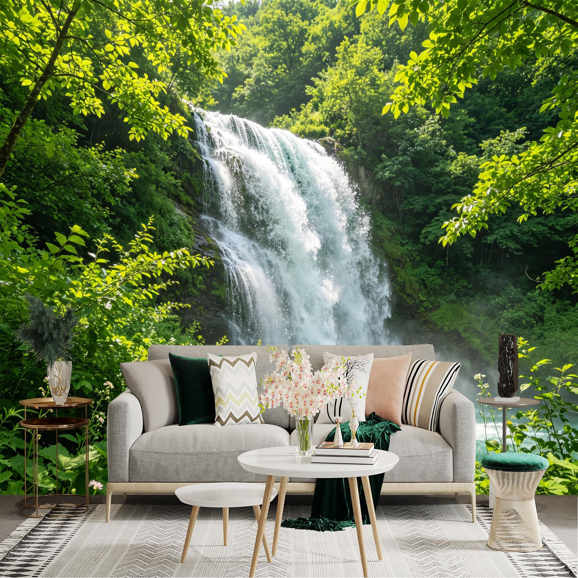 Lnzczhyre Dbh260521459 Custom Size Wall Sticker Mural， Majestic Waterfall In Lush Green Forest， Nature Scenery， Refreshing Summer Landscape， For Wall Decoration， Peelandstick Wall Decals.