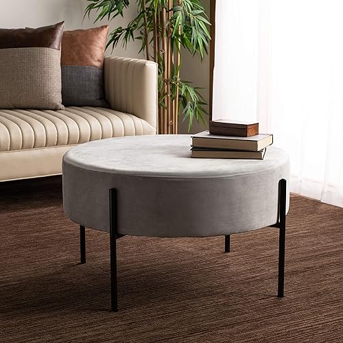 Home Lisbon Glam Grey Velvet and Black Round Cocktail Ottoman