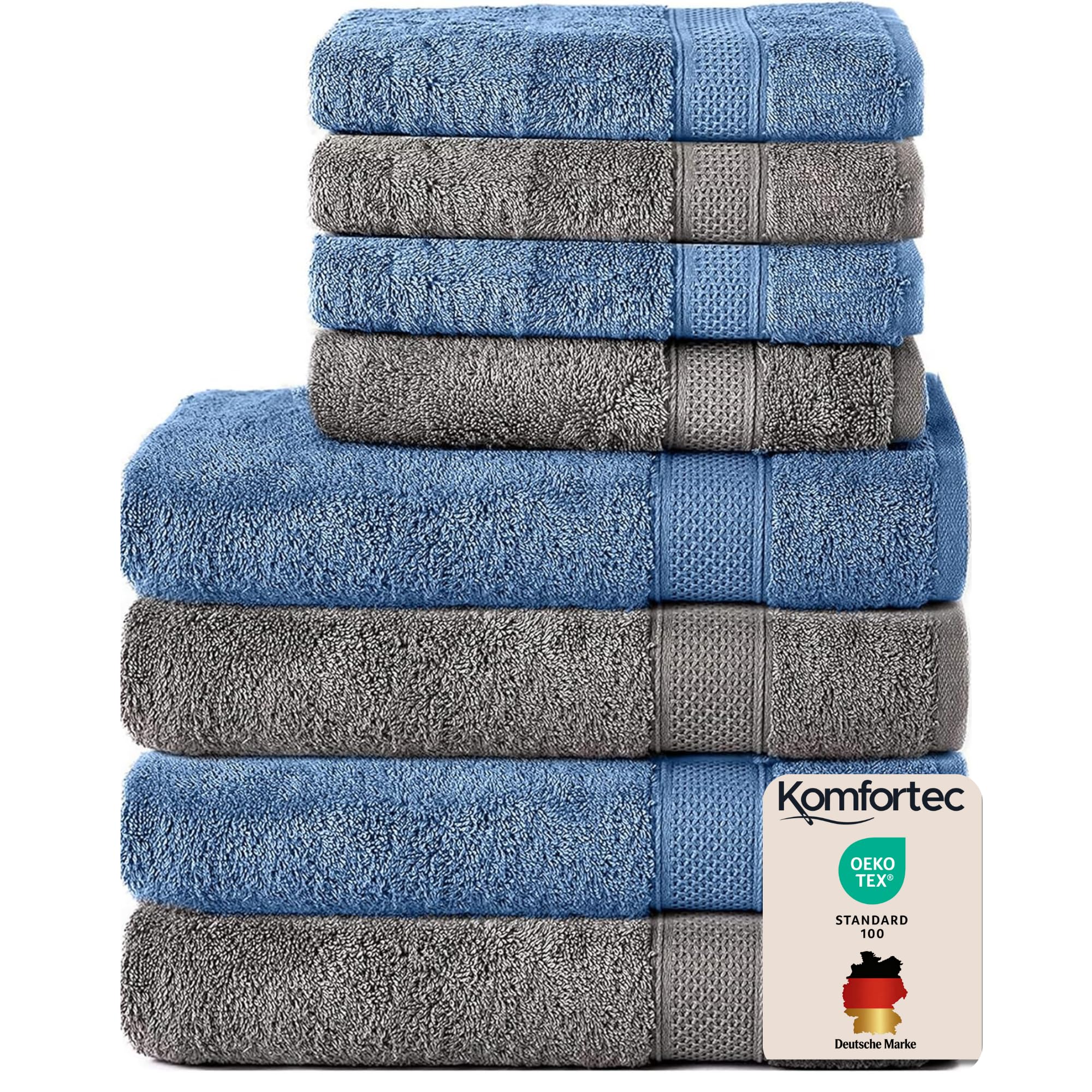 Komfortec Lot de 8 Serviettes 100% Coton, 4 Serviettes de Bain de 70 x 140 cm et 4 Serviettes de Toilette de 50 x 100 cm, éponge Douce, Grande Taille, Anthracite/Bleu Clair