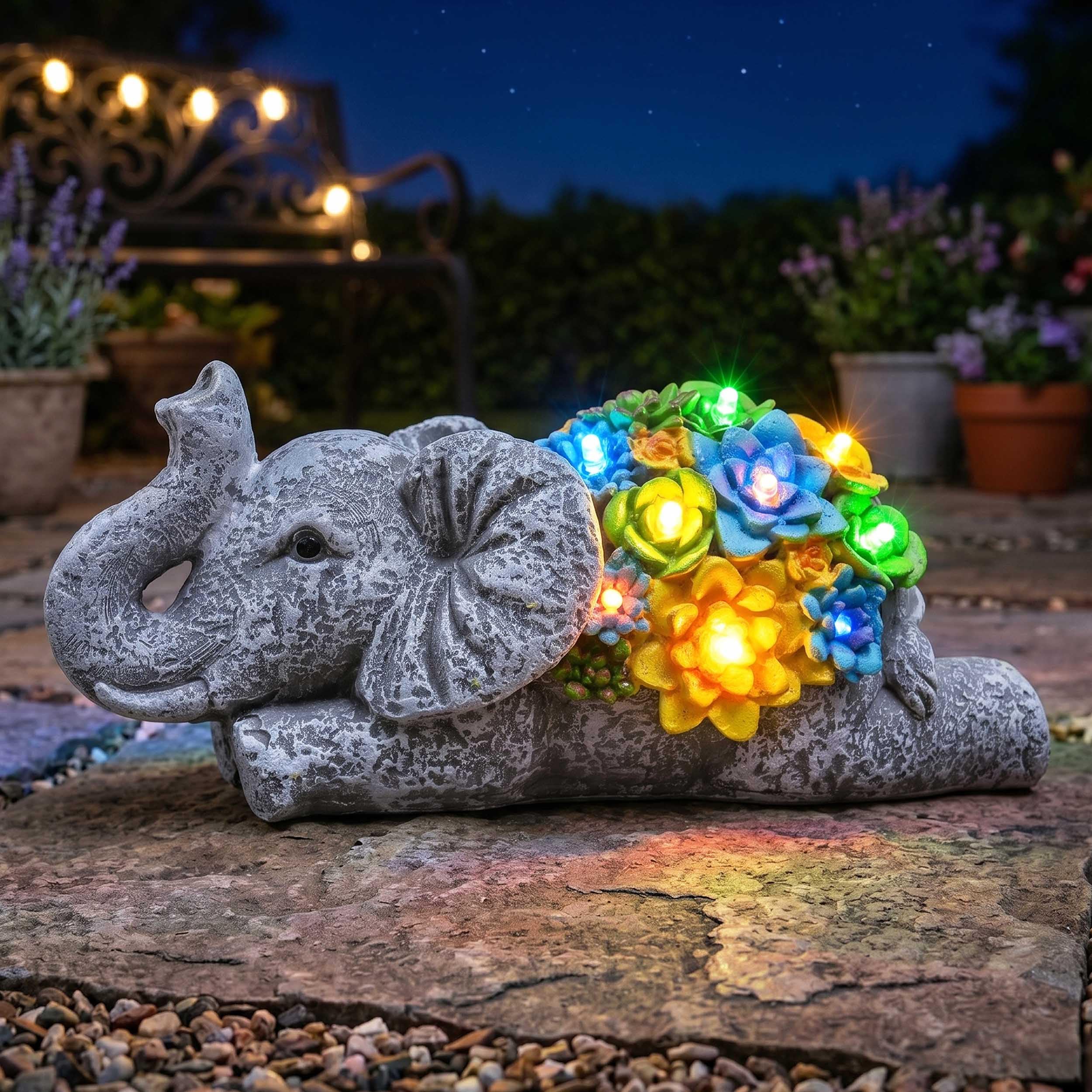 LOVETRENDS Solar Elephant Garden Ornament with Lights – Pack of 1-23cm/9 inch Outdoor Elephant Statue with Succulent Plant & LED Lights, Decorative Figurine for Patio, Balcony, Yard, Lawn — image 1