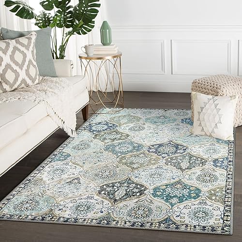 Beeiva Washable Living Room Kitchen Area Rug, Moroccan 3X5 Laundry Room Rug for Living Room Bedroom Bathroom, Vintage Distressed Entryway Accent Non Slip Office Rug Green Floor Carpet for Laundry Room
