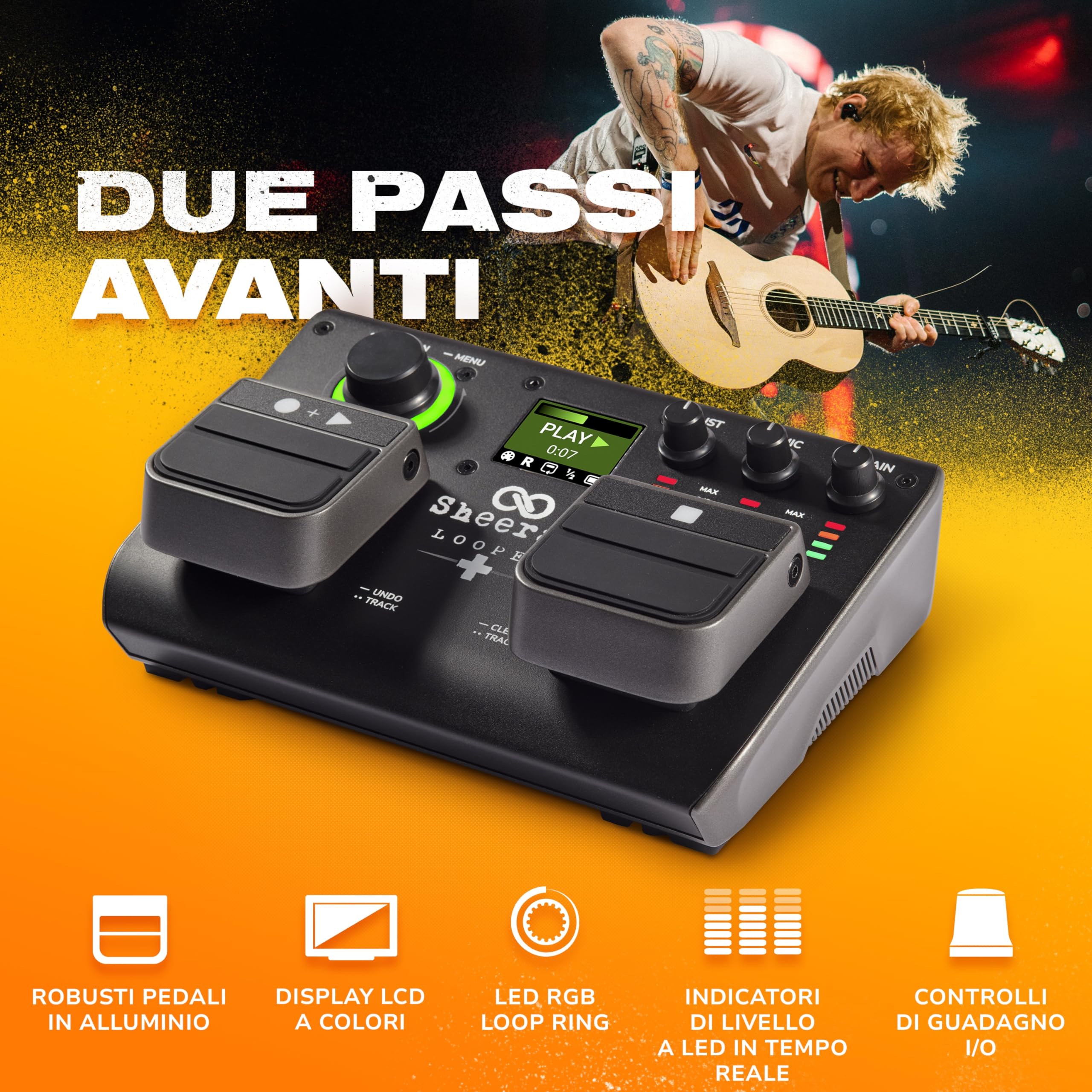 SHEERAN LOOPER + Pedale Due Tracce per Chitarra, Basso, Tastiere, Voce, ecc. 128 Memorie Loop, 4 Modalità di Looping, Schermo LCD e Interfaccia Audio