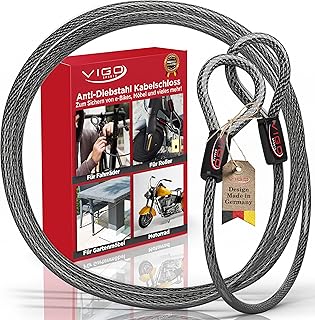 Vigo Sports Armoured Steel Cable with Eyelets [2 m] – All-Weather and Rustproof Cable Lock with Anti-Theft Protection for Outdoor Use