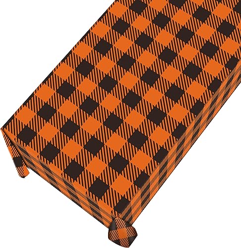Miniatura 5 de Erweicet Mantel de Halloween de 3 piezas, suministros de decoración para fiesta de Halloween, mantel a cuadros negro y naranja, mantel de plástico a