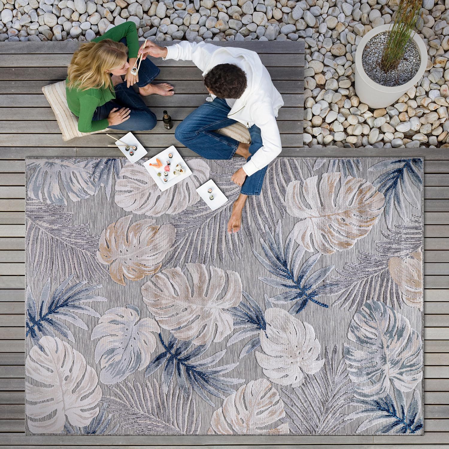 CAMILSON Indoor/Outdoor Rug, Blue 10’x14’ Leaf Tropical Botanical Area ...