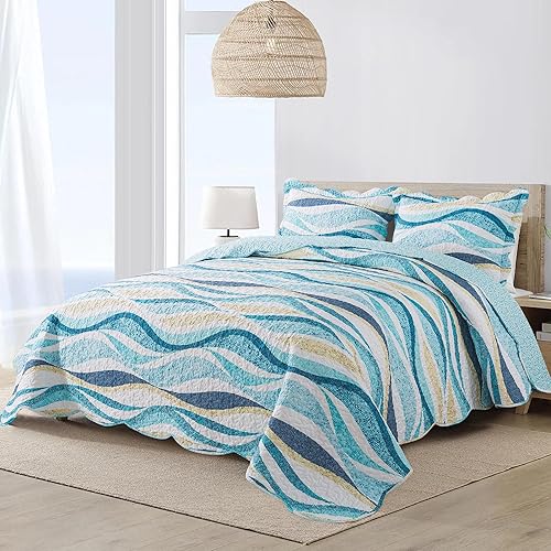 Vista 133 de NEWLAKE Juego de colcha de algodón, juego de colcha reversible de retazos, estampado real clásico turquesa, tamaño Queen Turquesa Clásico