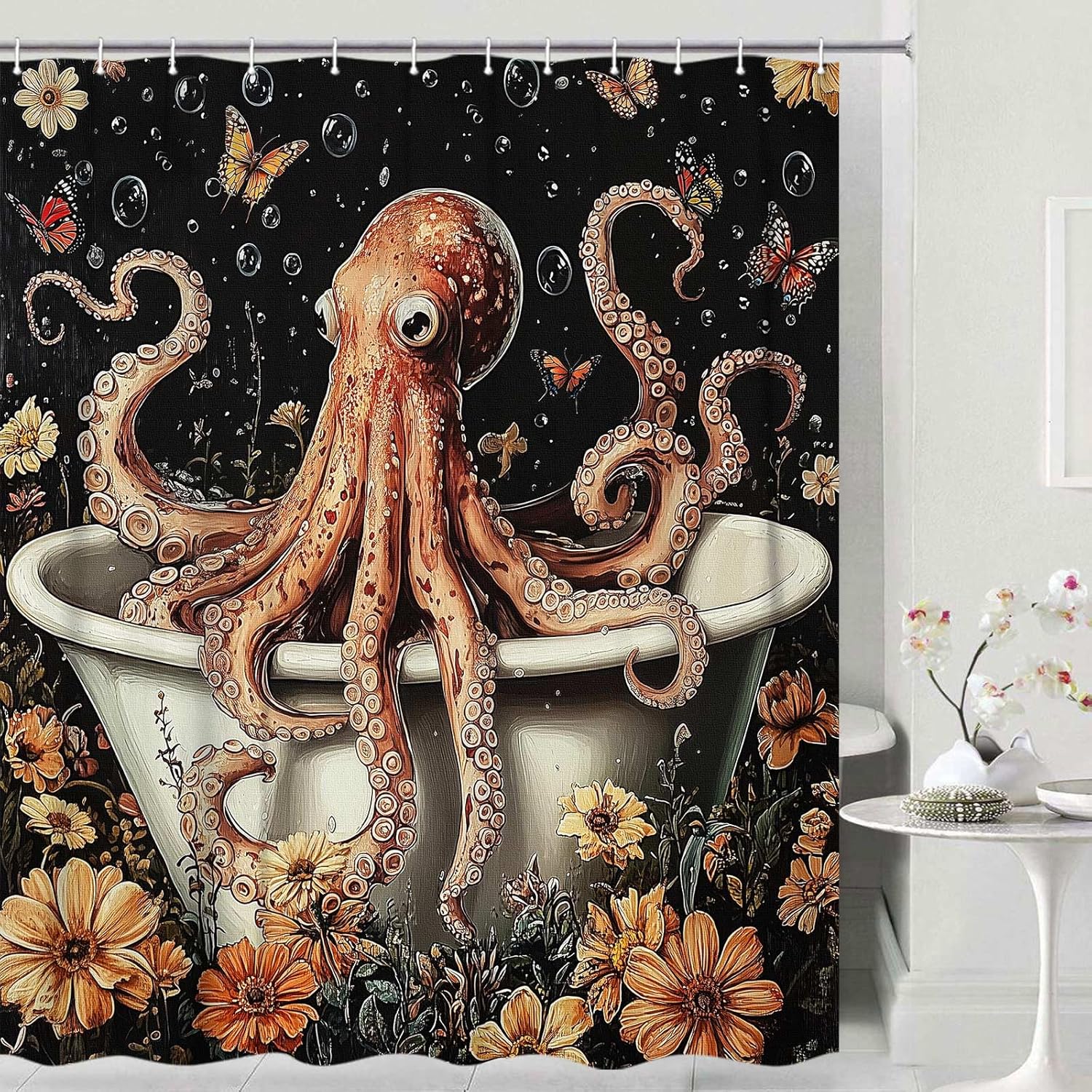 JAWO Funny Octopus Shower Curtain for Bathroom, Fun Retro Kraken Nautical Ocean Octopus Shower Curtains, Vintage Floral Flowers Dark Aesthetic Shower Curtain Set with Hooks, 69X84IN