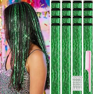 MEEZY 14 Pcs Green Hair Tinsel Clip In, Hair Accessories 20 Inch 80 Strands Bobby Pin Tinsel Hair Extensions for Crazy Hair Day Disco Costume Birthday Neon Party