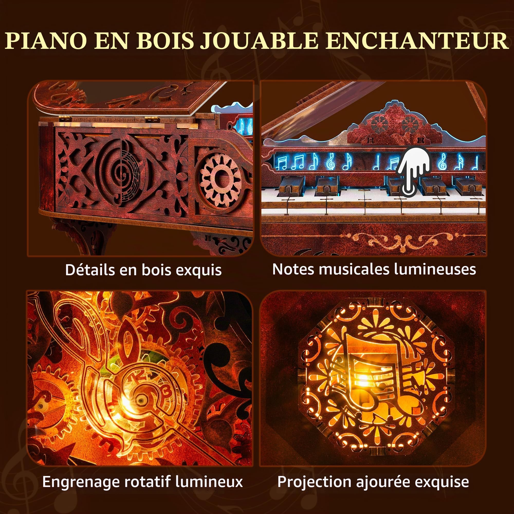 FUNPOLA Kit de Piano Puzzle en Bois 3D avec LED, Modèle de Clavier Jouable avec Lumières LED, Kit de Bricolage Interactif & Puzzle de Piano Numérique pour Adultes（14+）
