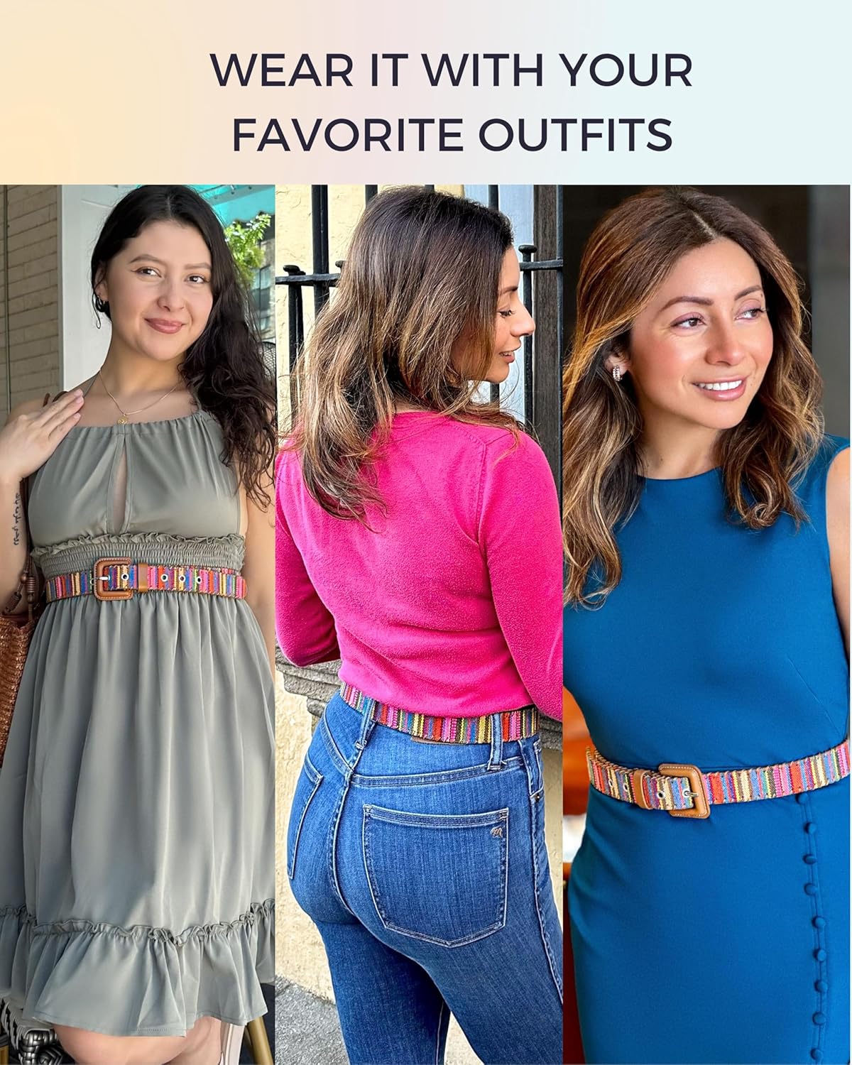 Womens Casual Belts - Multicolor Woven Belt & Brown Vegan Leather Belt - Image 5