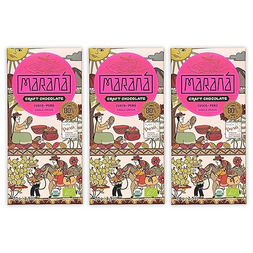 Maraná Chocolate Cusco 80% chocolate negro paquete de 3  Chocolate peruano  Premium, grano a barra, de origen directo, hecho en origen, de origen
