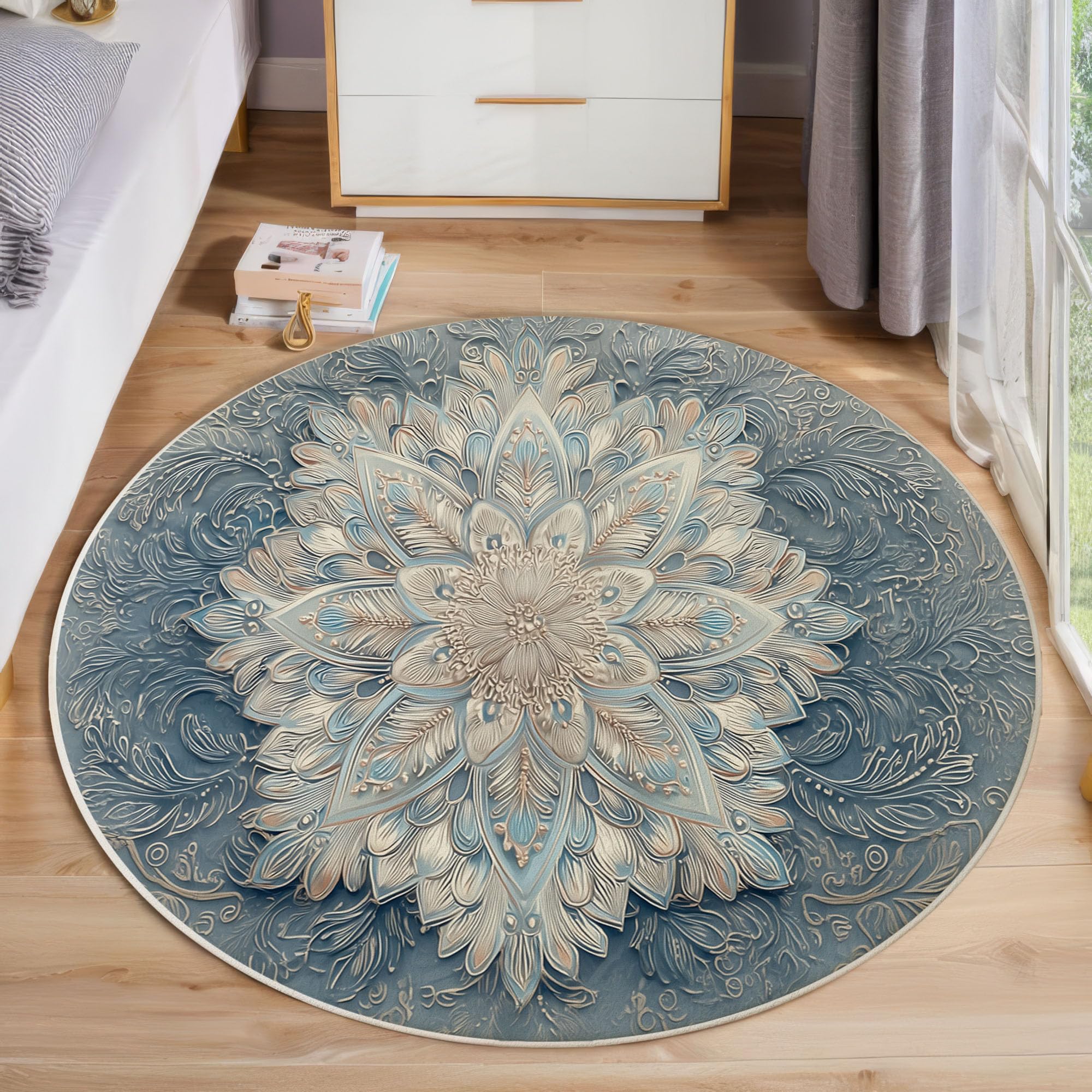 Tapis rond mandala pour salon et chambre déco florale douce lavable
