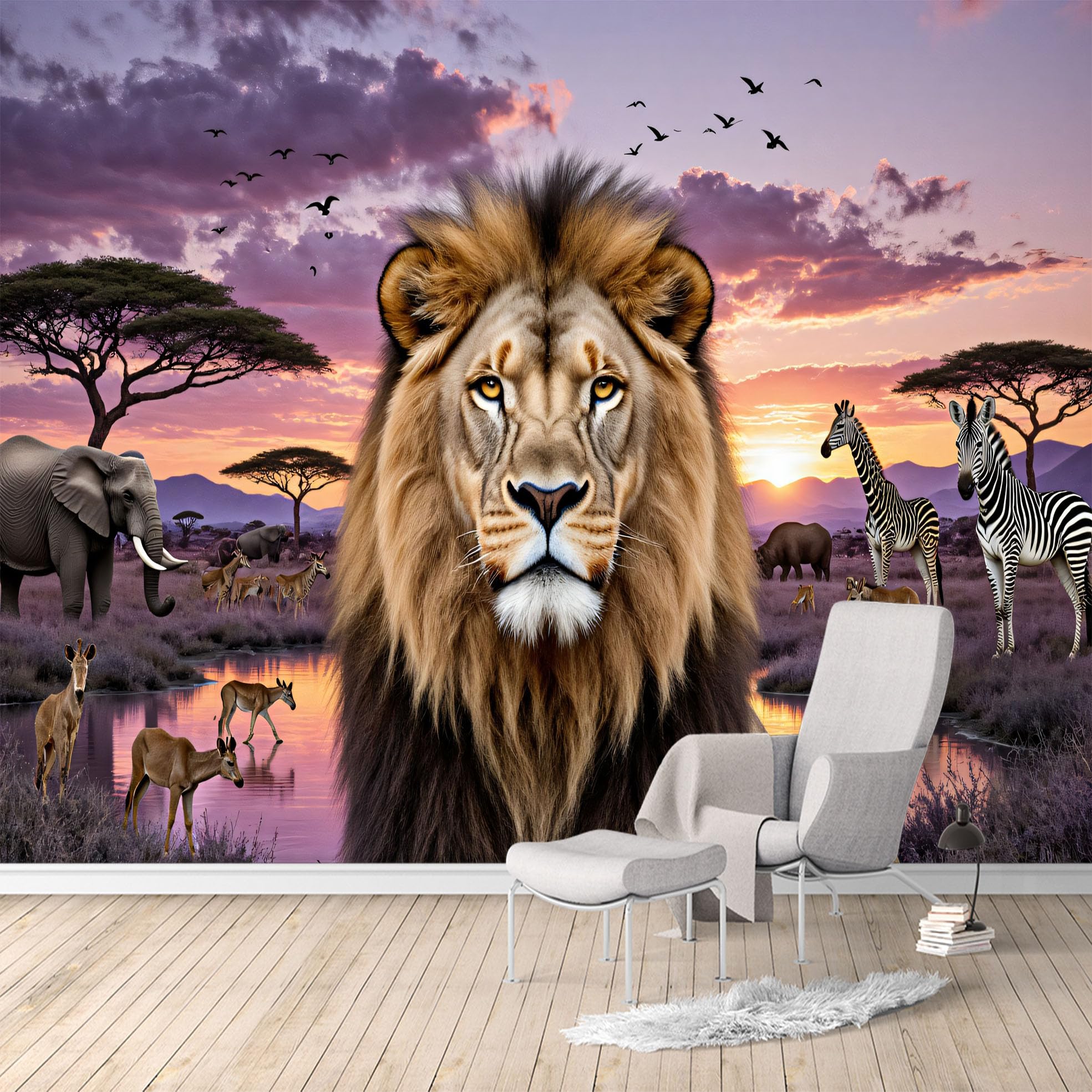 Custom Size Wall Murals,Majestic Lion African Savannah Sunset Safari Landscape,Removable Self Adhesive Large Wallpaper Mural for Living Room Bedroom Office Home Decor