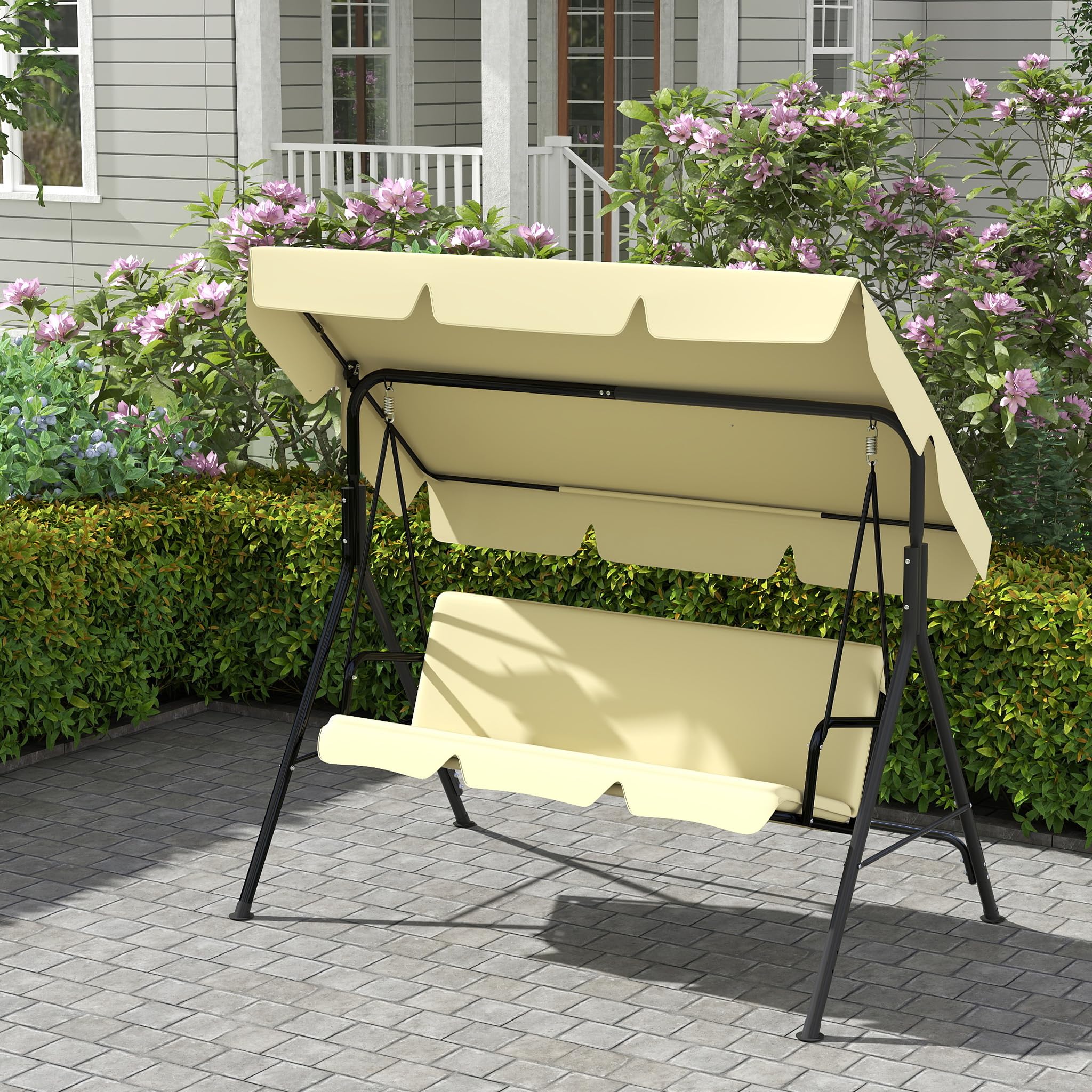 YRHome Balancín de jardín de 3 plazas beige con toldo ajustable, columpio de jardín de hasta 200 kg, resistente a la intemperie, con cojín cómodo y pies antideslizantes, para jardín, balcón, 193 x 110