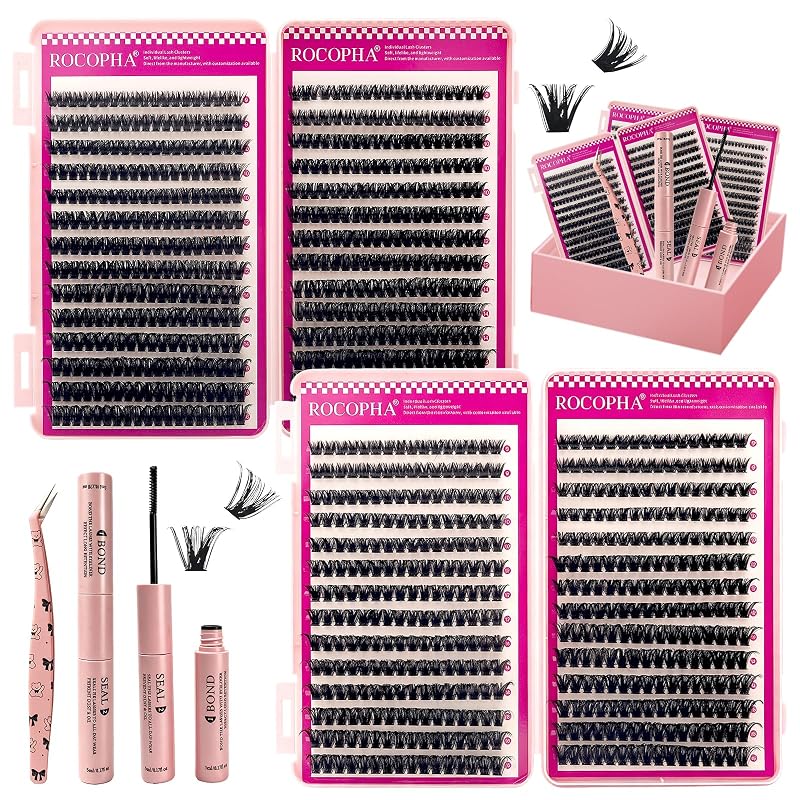 Kit de Cílios em Tufos Rocopha com 1120 unidades, 80D e 100D, Curvatura D, 9–16 mm