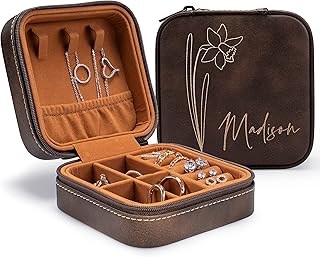 Custom Leather Jewelry Box w/ Name & Birth Flower Month - Birthday Gifts for Women, Personalized Jewelry Travel Case - Customized Jewelry Organizer Box, Mom Birthday Gifts - Rustic