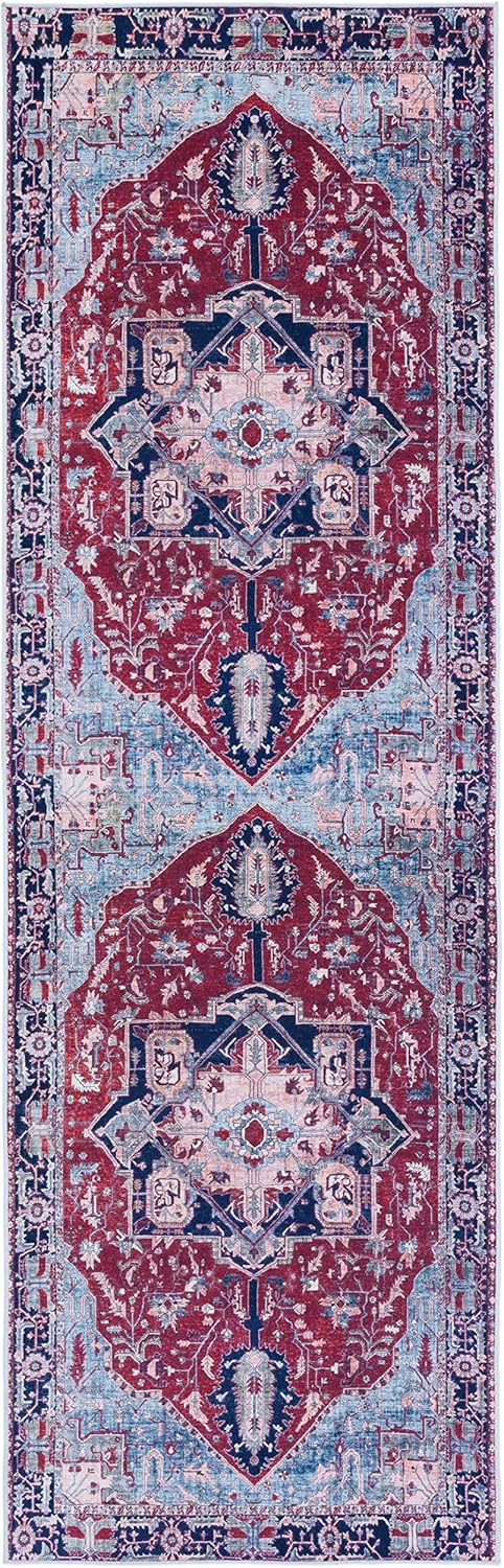 SAFAVIEH Washable Rug Tucson Collection - 2'6" x 14' Runner, Red & Navy, Slip Resistant & Easy to Clean, Ideal for Living Room, Hallway, Foyer, Entryway, Bedroom (TSN108Q)