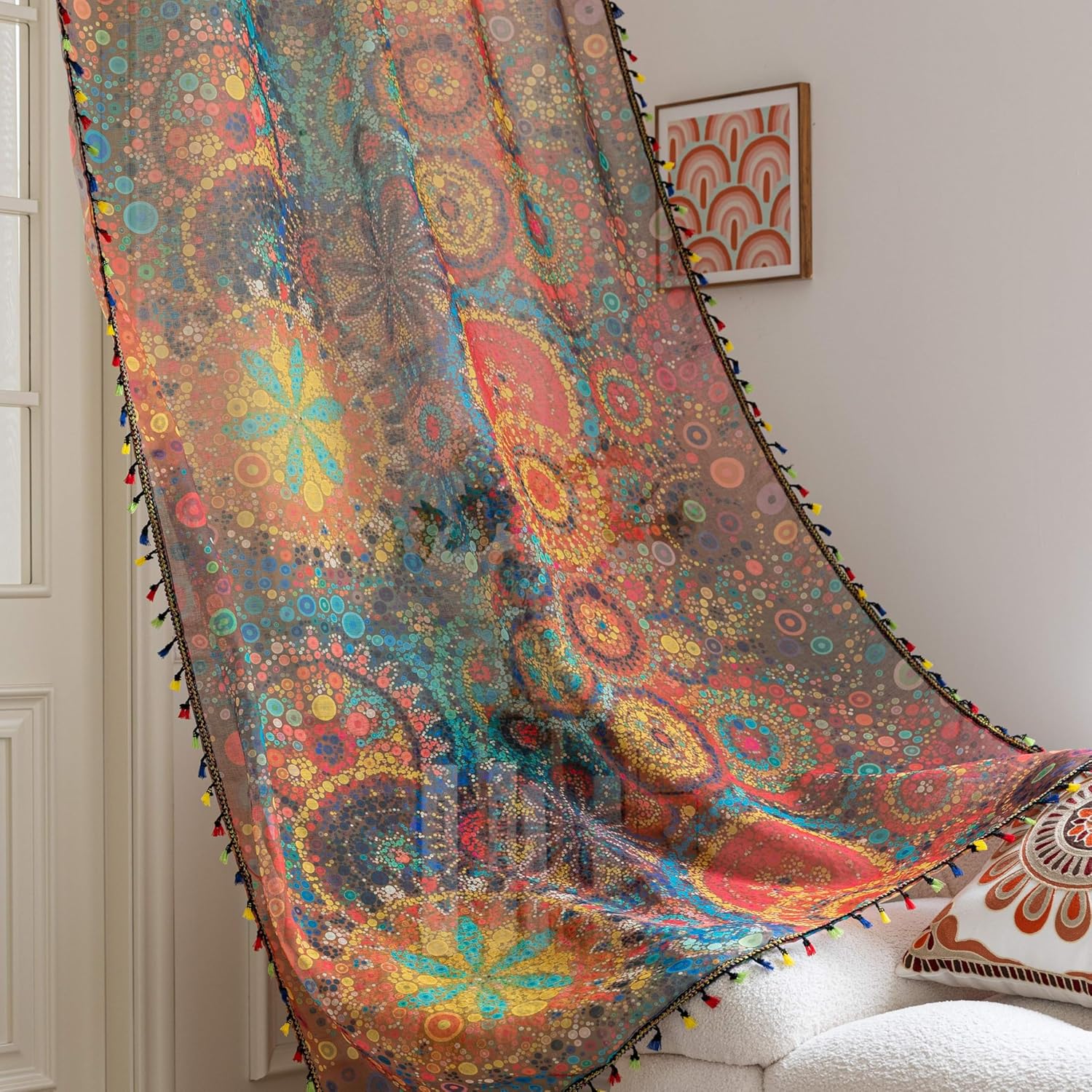 Dot Colorful Sheer Curtains 72 inch Long, Fringed Edges and Textured Semi Sheer Curtains Large Window Treatments for Living Room/Bedroom, 2 Panels