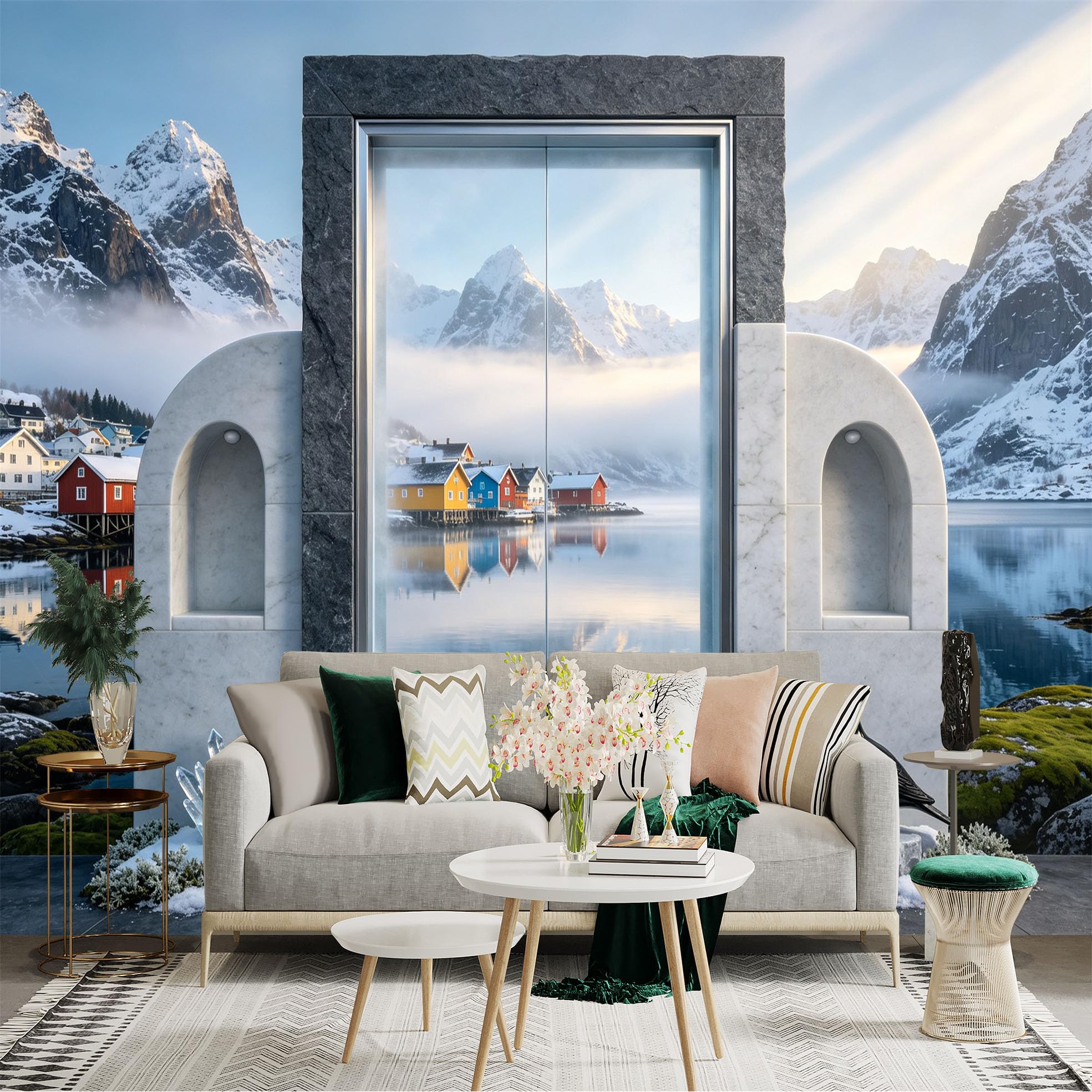 Custom Size Wall Sticker Mural， Snowy Mountain Lake Village Reflection Scandinavian Landscape， for wall Decoration， peelandstick wall Decals.