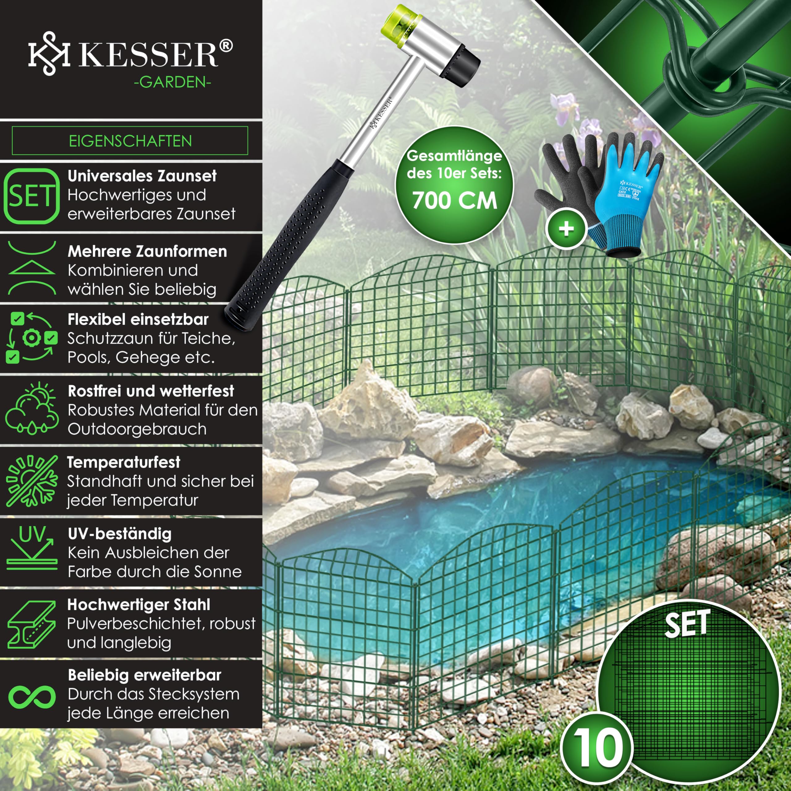 KESSER® Valla para estanque, valla de jardín, juego completo de vallas de metal, incluye martillo + varillas de fijación, valla para colocar en el jardín, Arco superior en punta - Set de 10