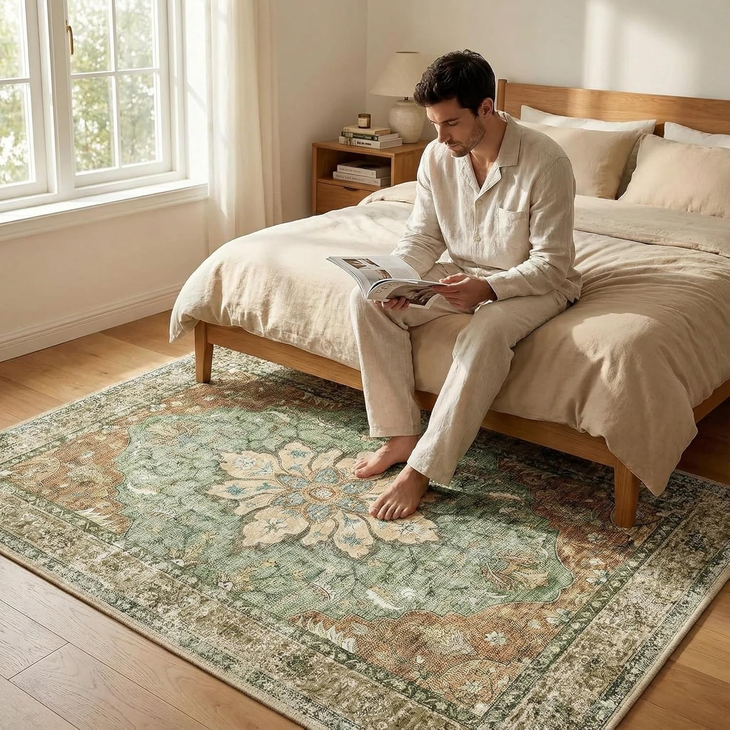 Poshetion Area Rugs3’x5’ Washable Non-Slip Non-Shedding Green Floral Vintage Medallion Rug Soft Low Pile Thin Design for Living Room Bedroom Dining Room Ideal for Families Pet Owners