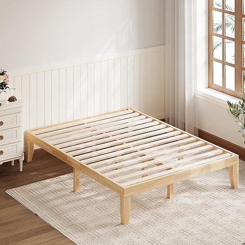Miniatura 3 de Giantex Base de cama de plataforma de madera matrimonial de 14 pulgadas, base de colchón de estilo minimalista con madera de goma maciza, soporte de