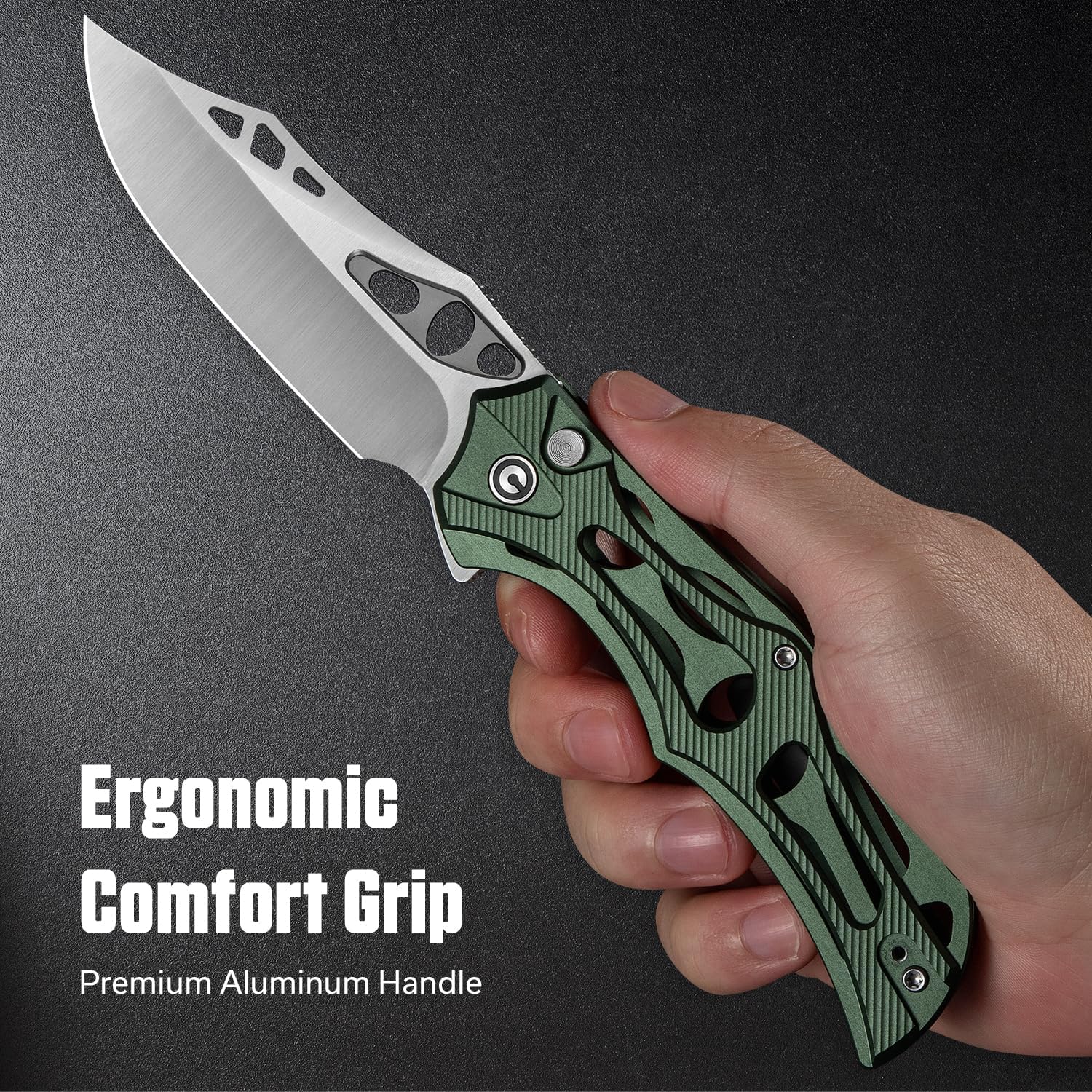 CIVIVI Biophase Pocket Folding Knife for Men, 3.48" Nitro-V Blade Aluminum Handle, Lightweight Skeletonized Flipper Knife for Tactical Survival C23083-1 (Green)