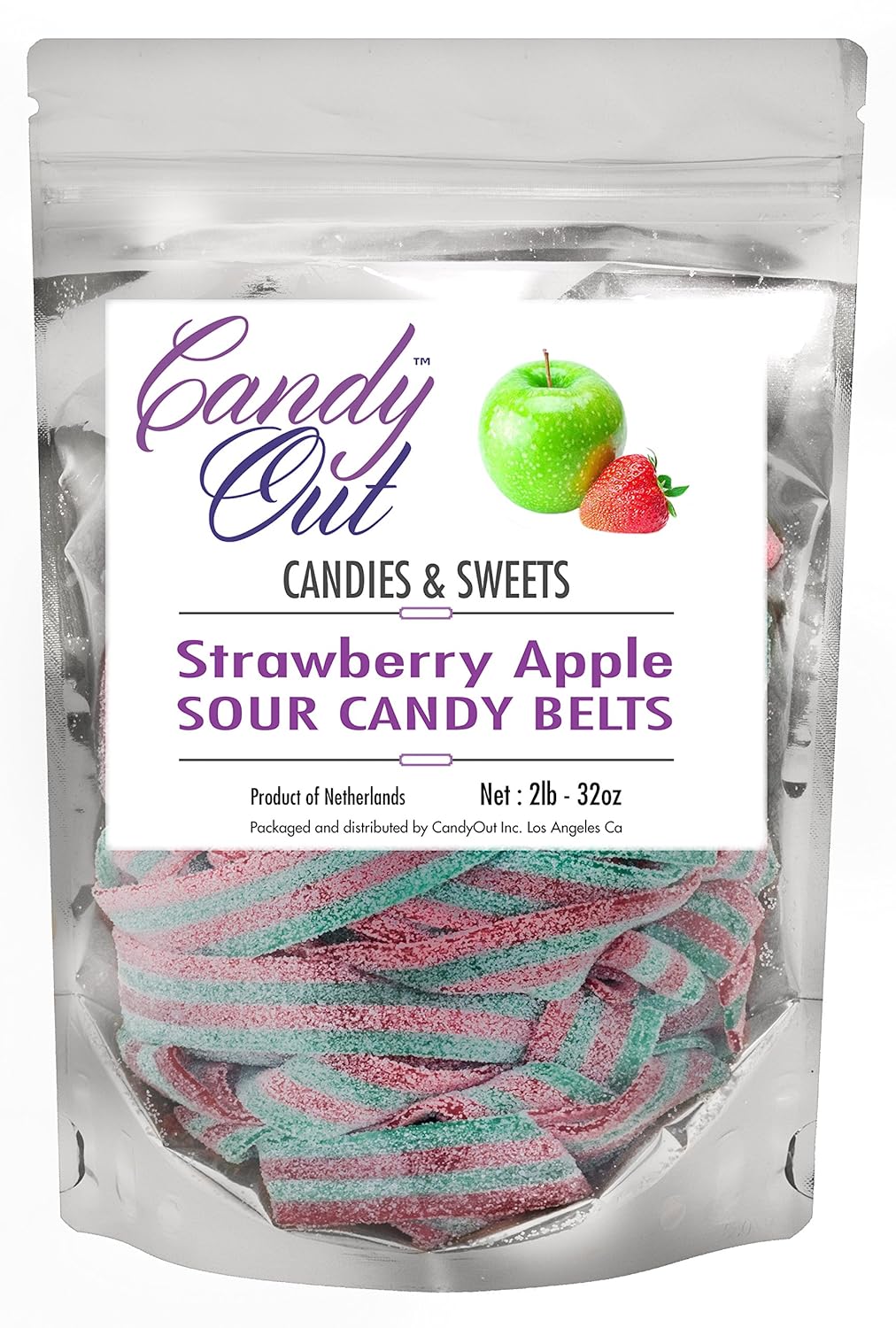 CandyOut Strawberry Apple Sour Candy Belts 2 Pound 32oz in