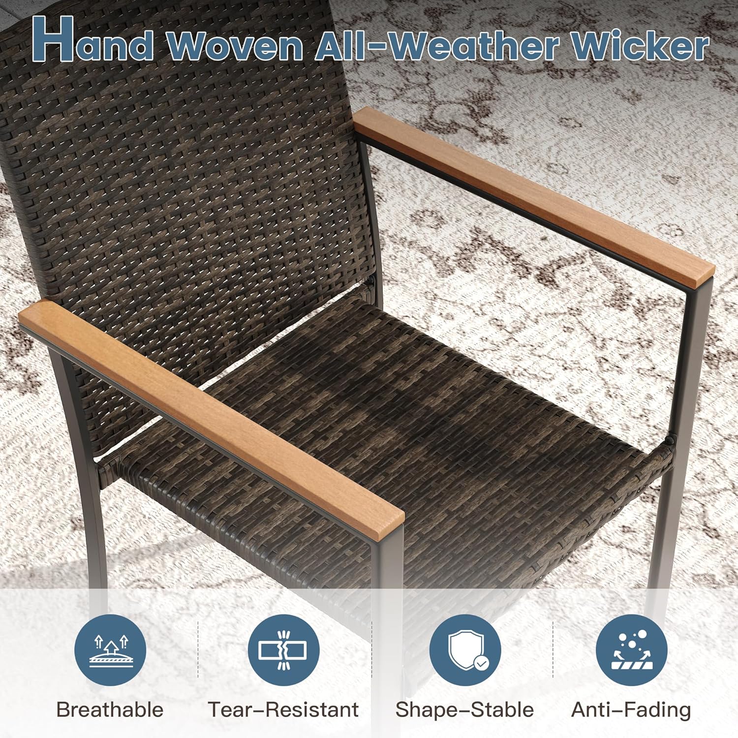 DIFY 7 Piece Patio Dining Set for 6, Wicker Stackable Patio Chairs & 63" Rectangle Walnut Metal Dining Table with Umbrella Hole, All Weather Outdoor Table and Chairs Set for Deck Garden Backyard